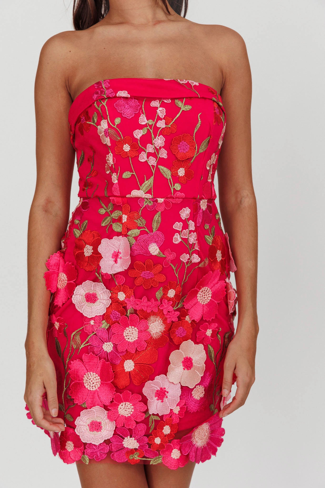 Flora Day Strapless Floral Embellished Mini Dress Fuchsia-Maymioy