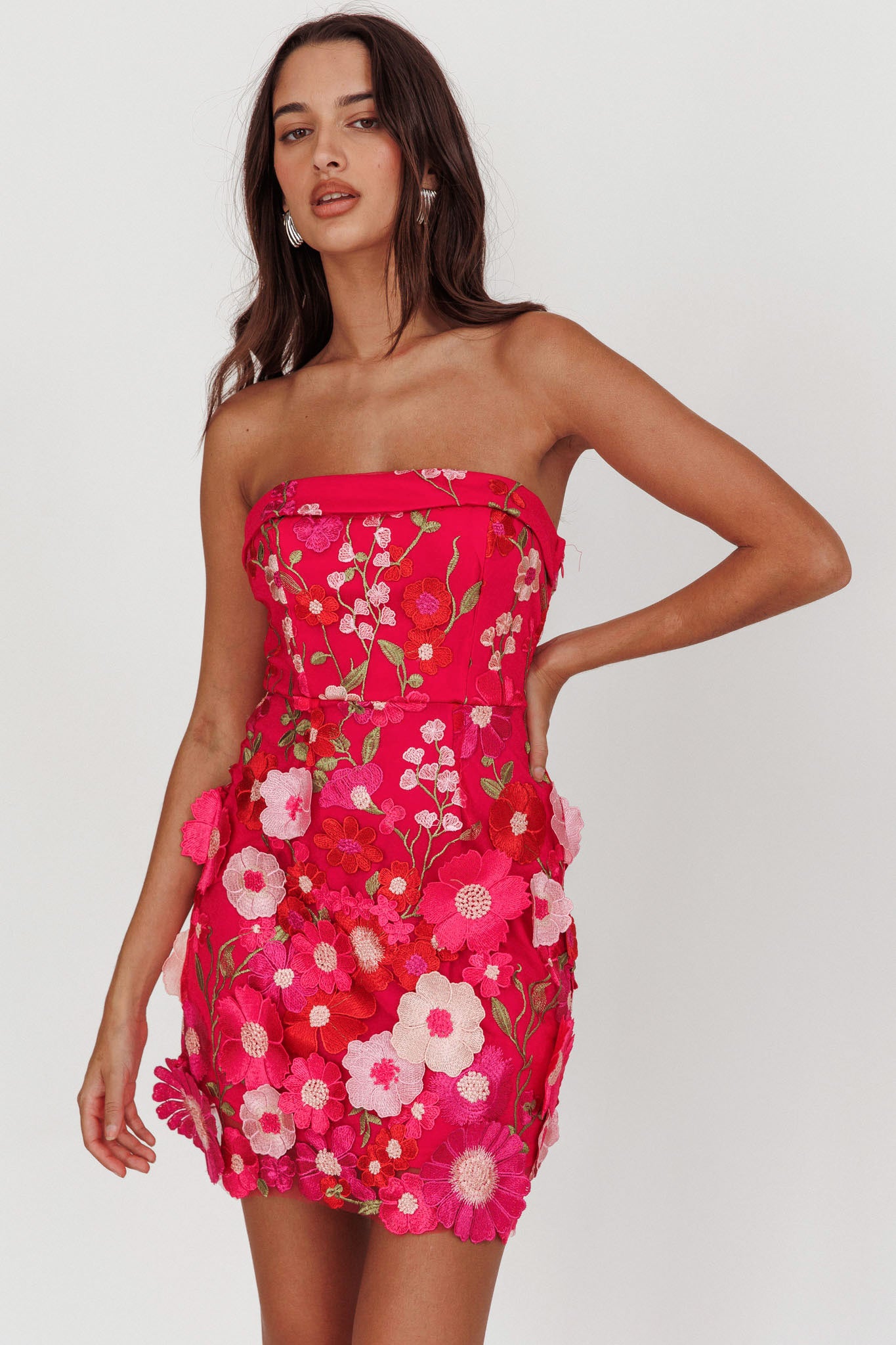 Flora Day Strapless Floral Embellished Mini Dress Fuchsia-Maymioy
