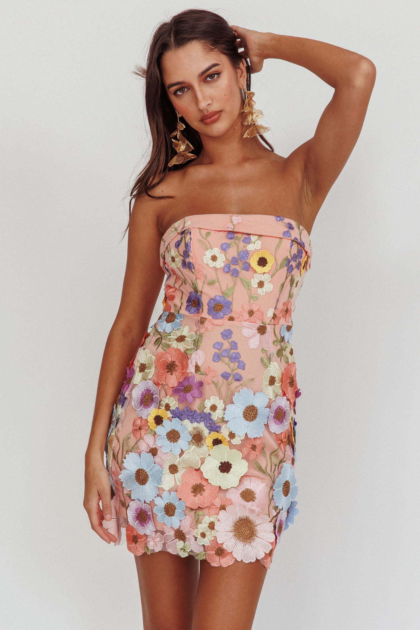 Flora Day Strapless Floral Embellished Mini Dress Pale Pink-Maymioy