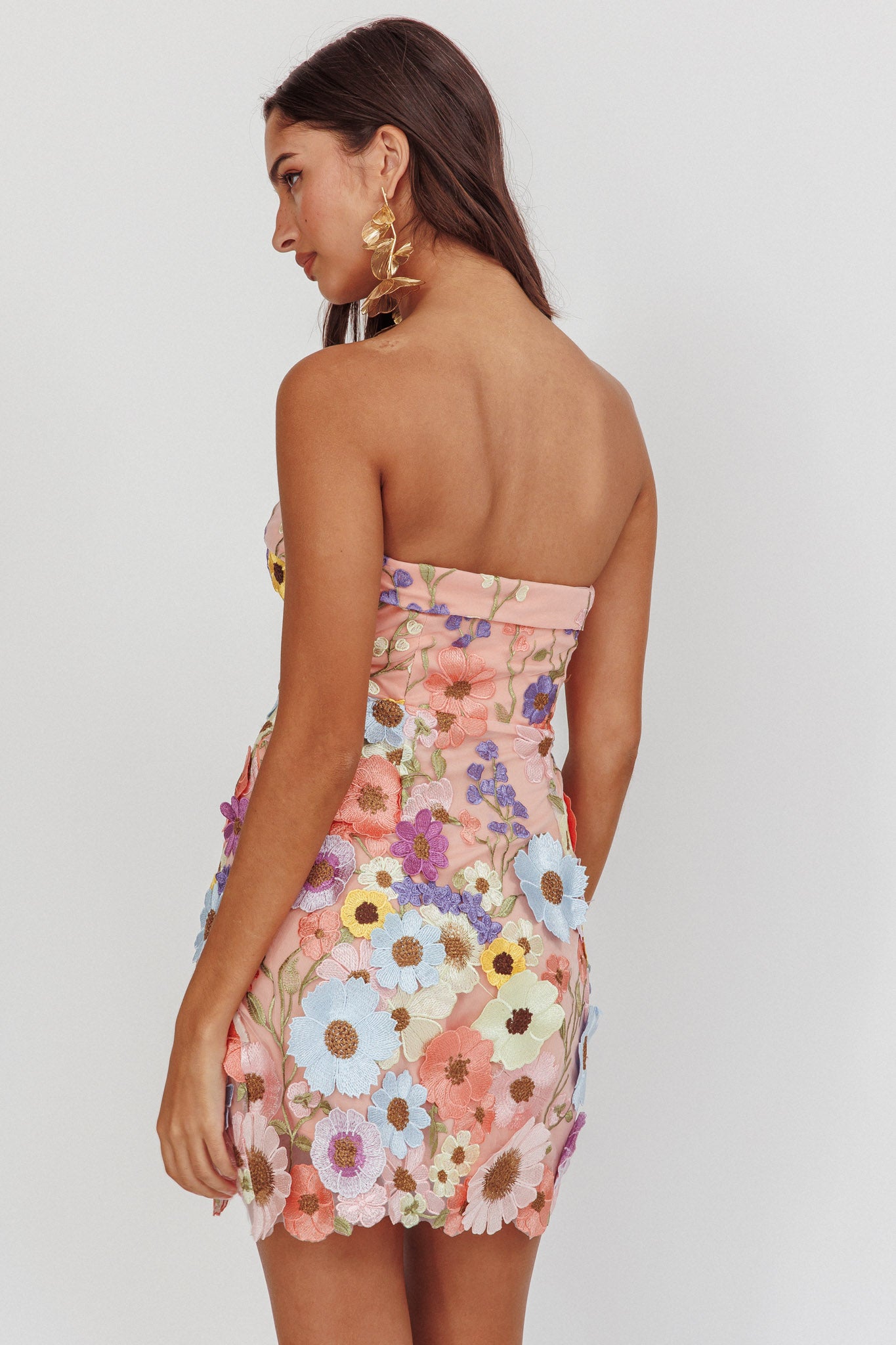 Flora Day Strapless Floral Embellished Mini Dress Pale Pink-Maymioy