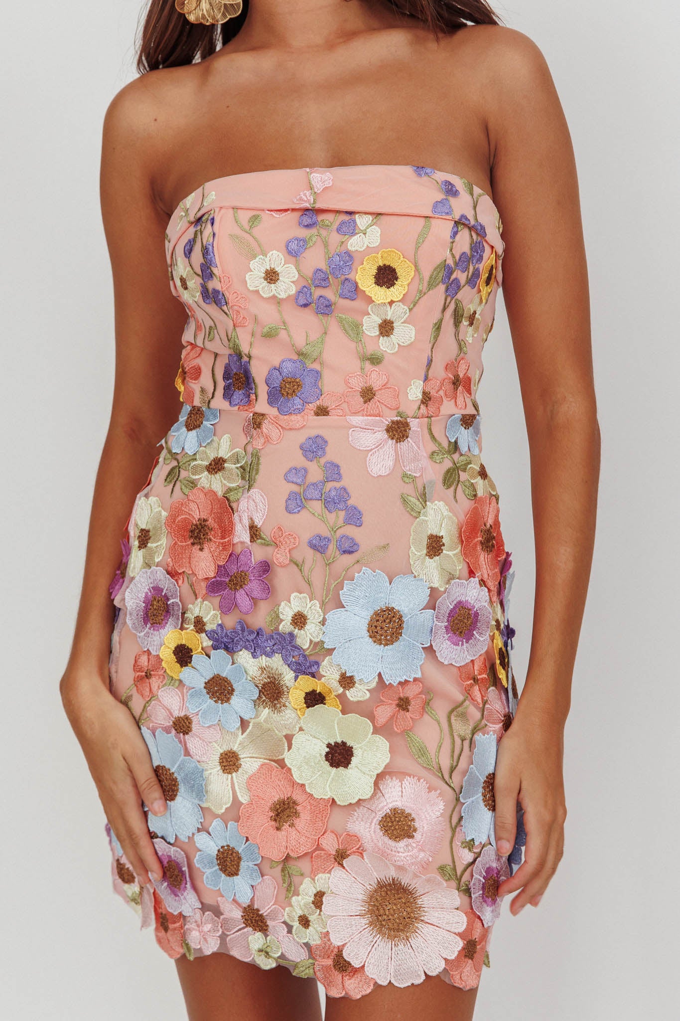 Flora Day Strapless Floral Embellished Mini Dress Pale Pink-Maymioy
