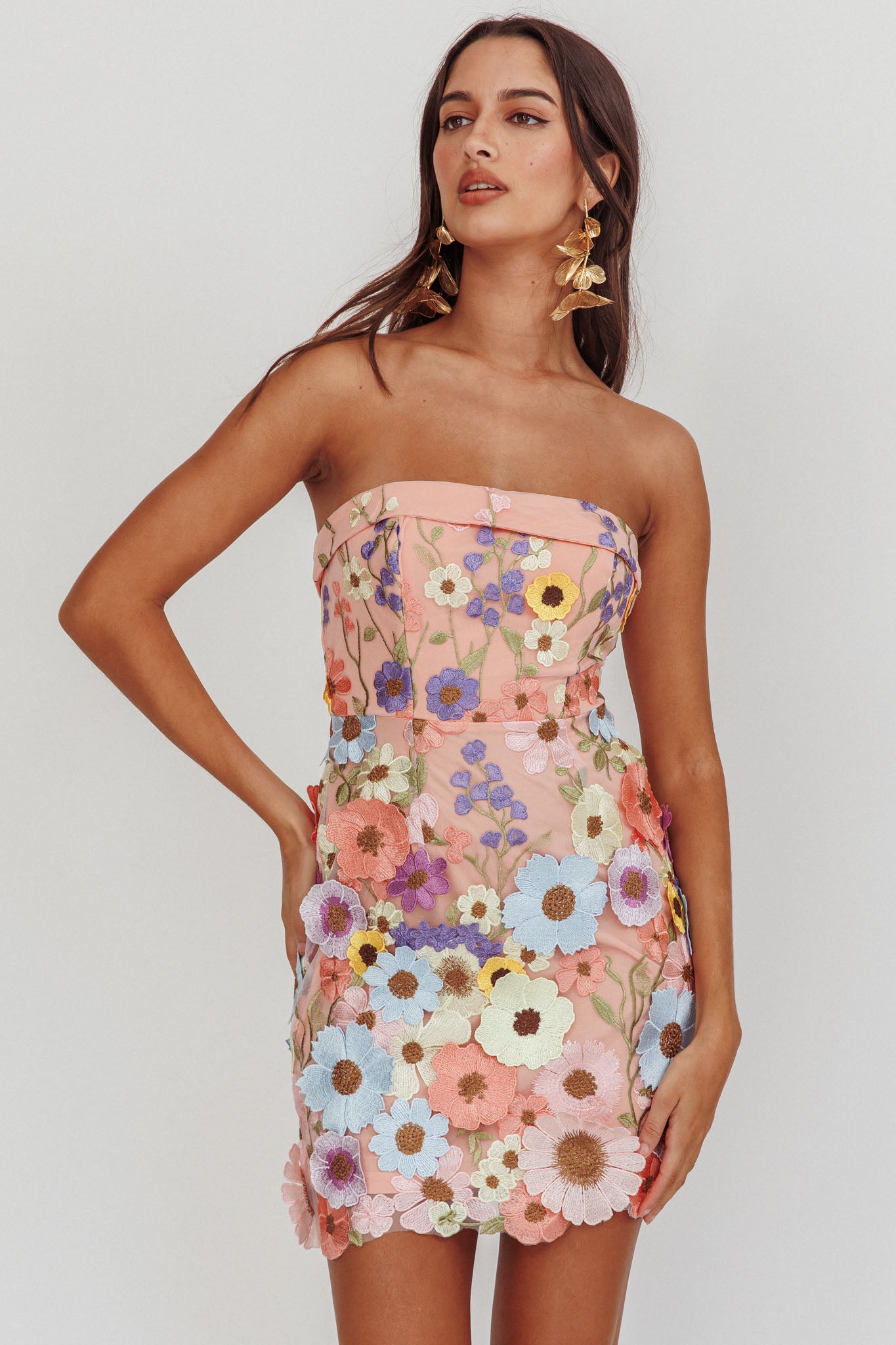 Flora Day Strapless Floral Embellished Mini Dress Pale Pink-Maymioy