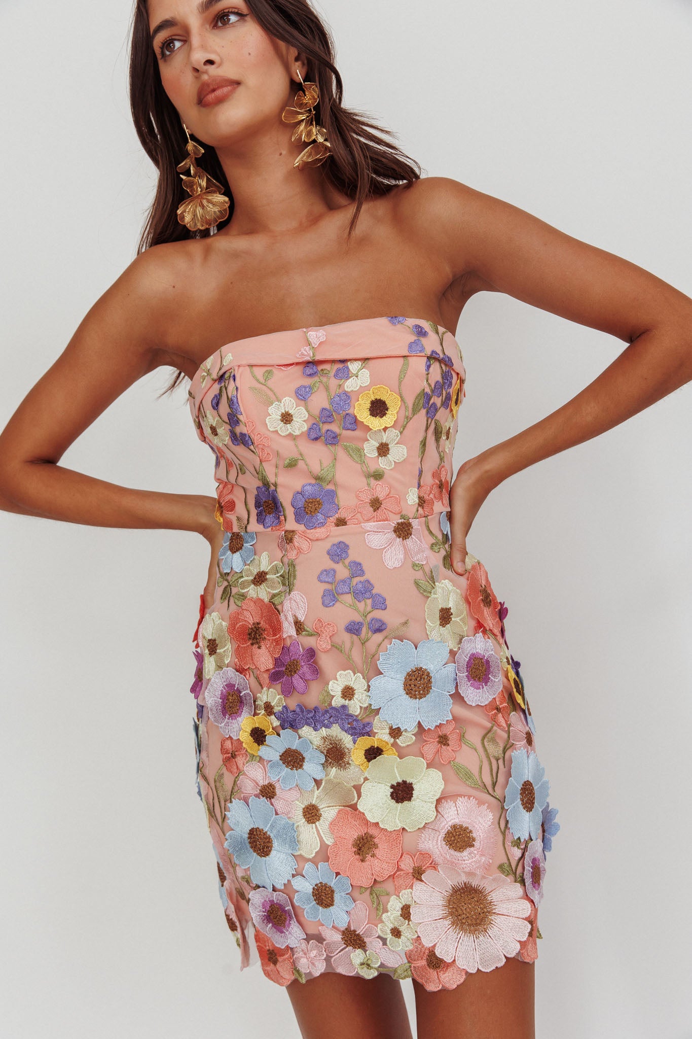 Flora Day Strapless Floral Embellished Mini Dress Pale Pink-Maymioy