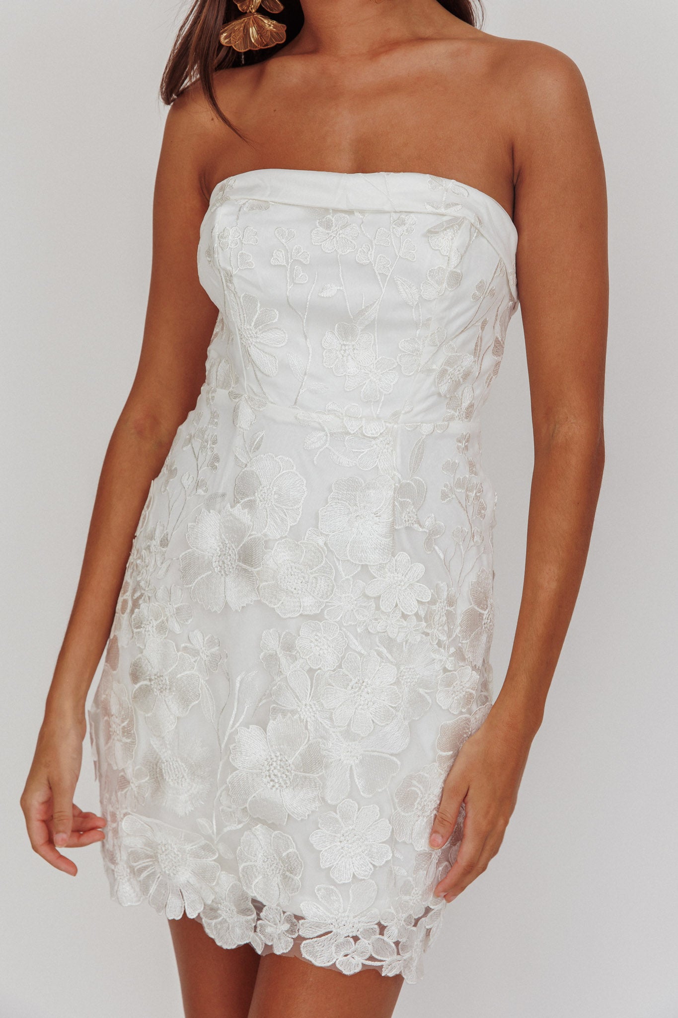 Flora Day Strapless Floral Embellished Mini Dress White-Maymioy