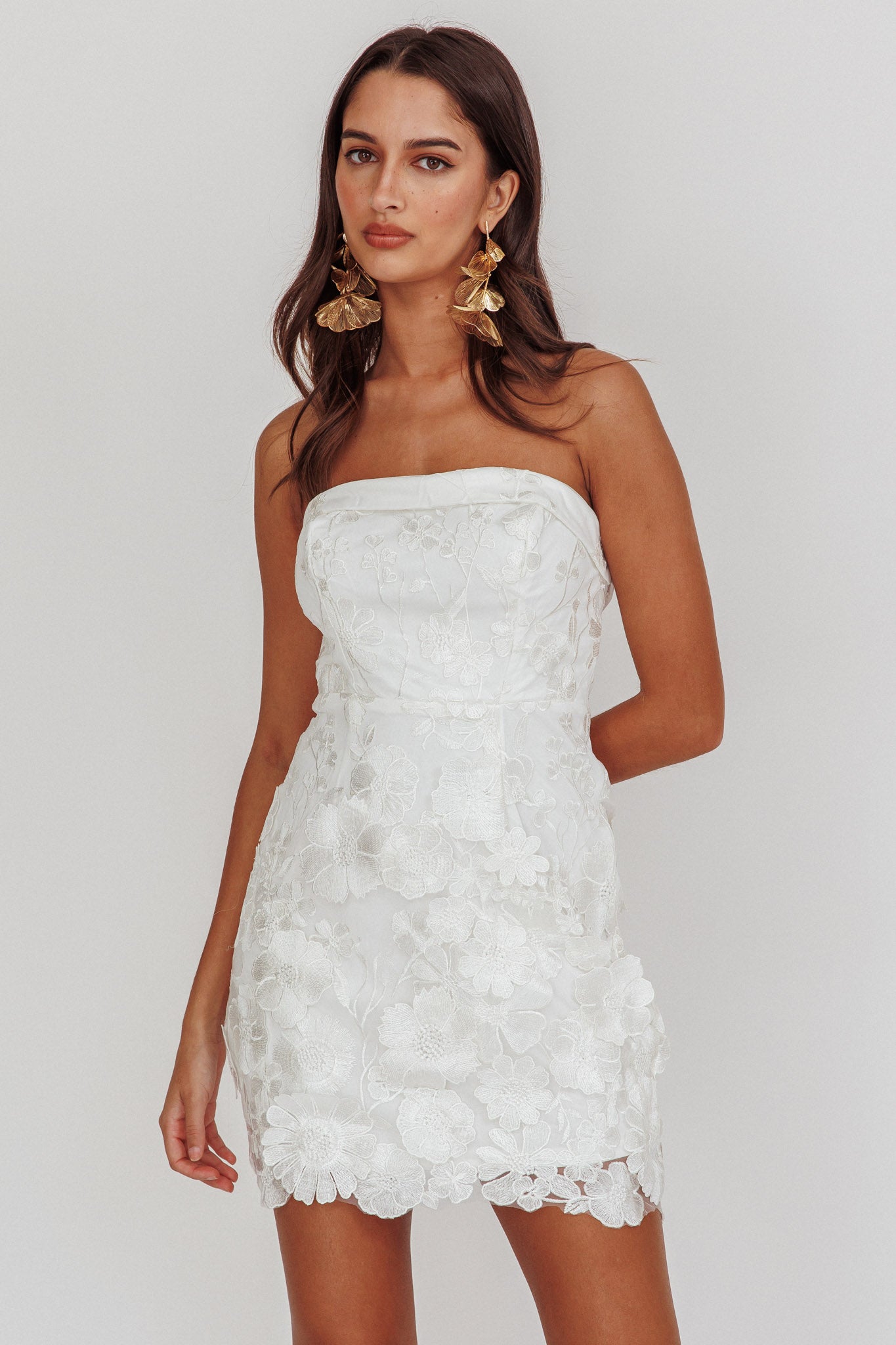 Flora Day Strapless Floral Embellished Mini Dress White-Maymioy