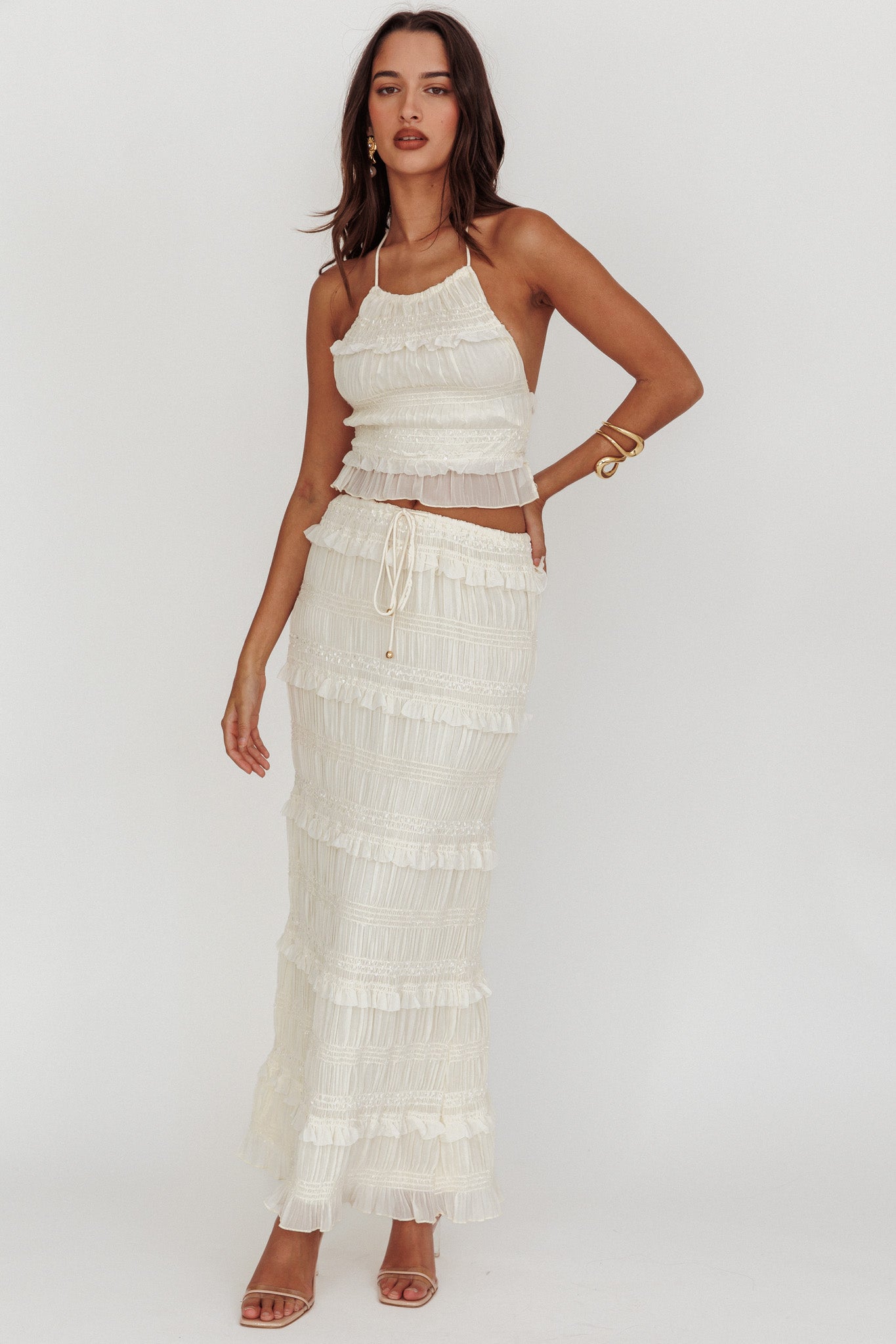 Helios Shirred Sequin Maxi Skirt Beige-Maymioy