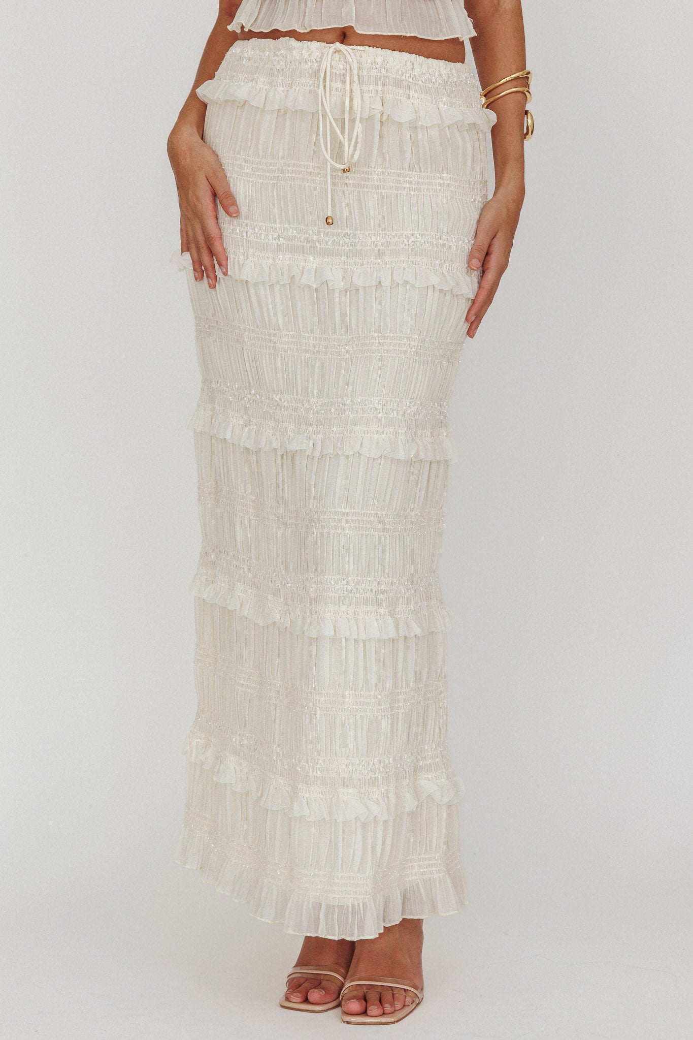 Helios Shirred Sequin Maxi Skirt Beige-Maymioy