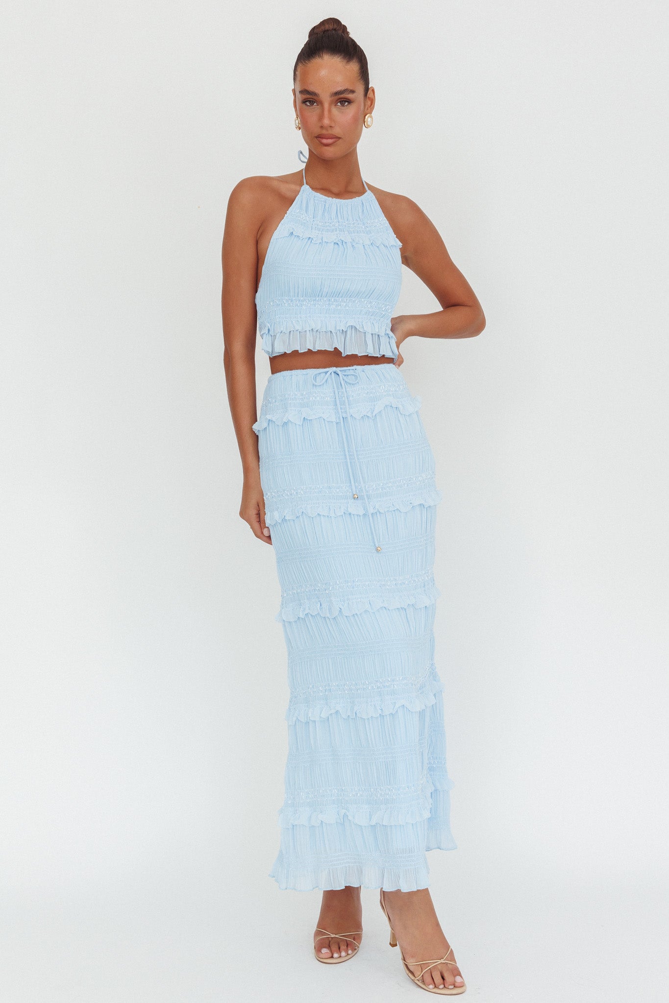 Helios Shirred Sequin Maxi Skirt Blue-Maymioy