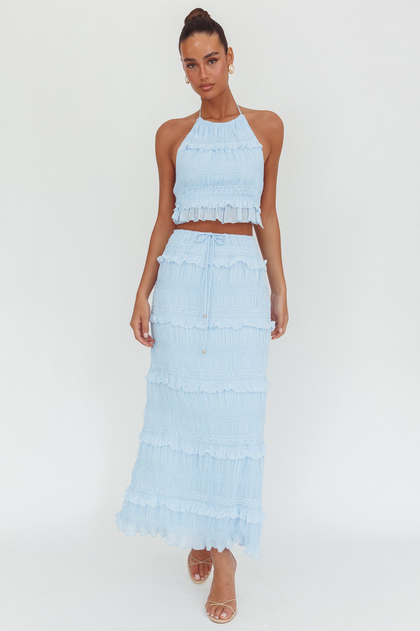 Helios Shirred Sequin Maxi Skirt Blue-Maymioy