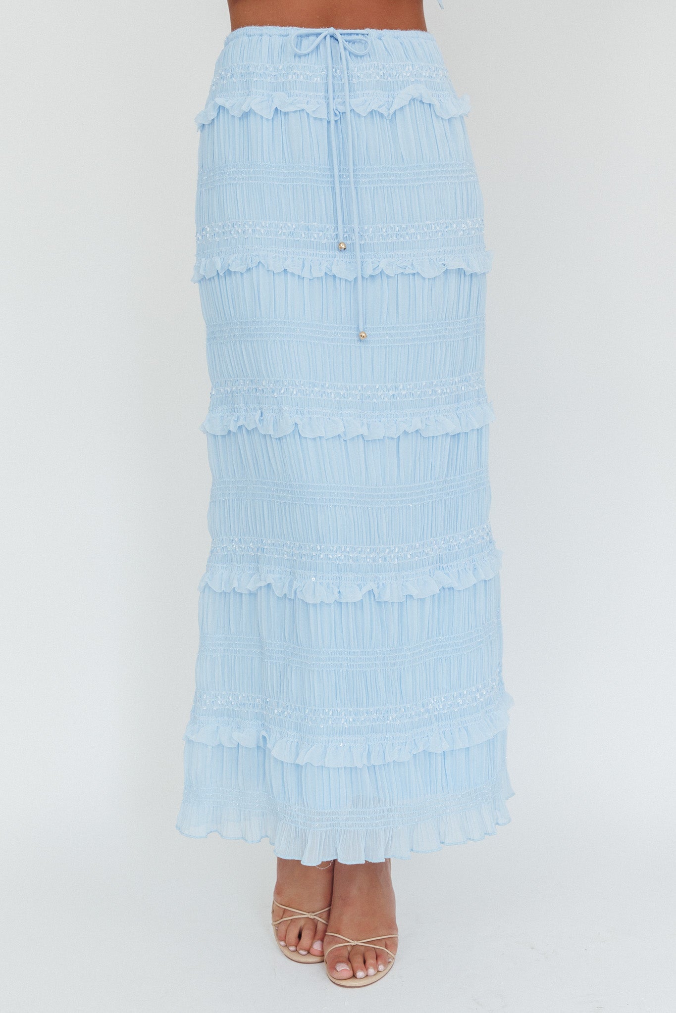 Helios Shirred Sequin Maxi Skirt Blue-Maymioy