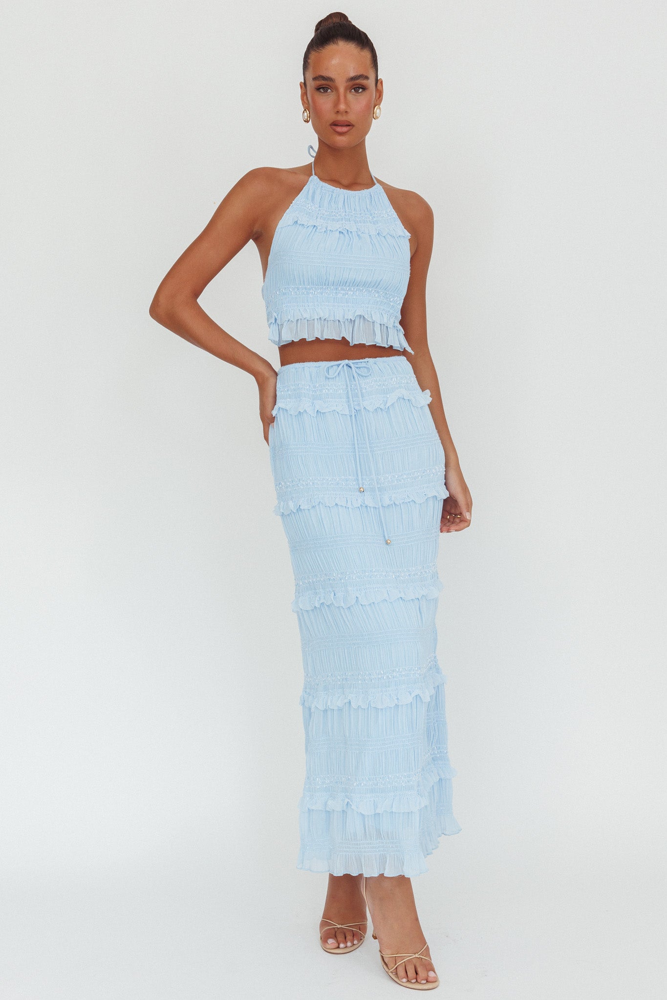 Helios Shirred Sequin Maxi Skirt Blue-Maymioy