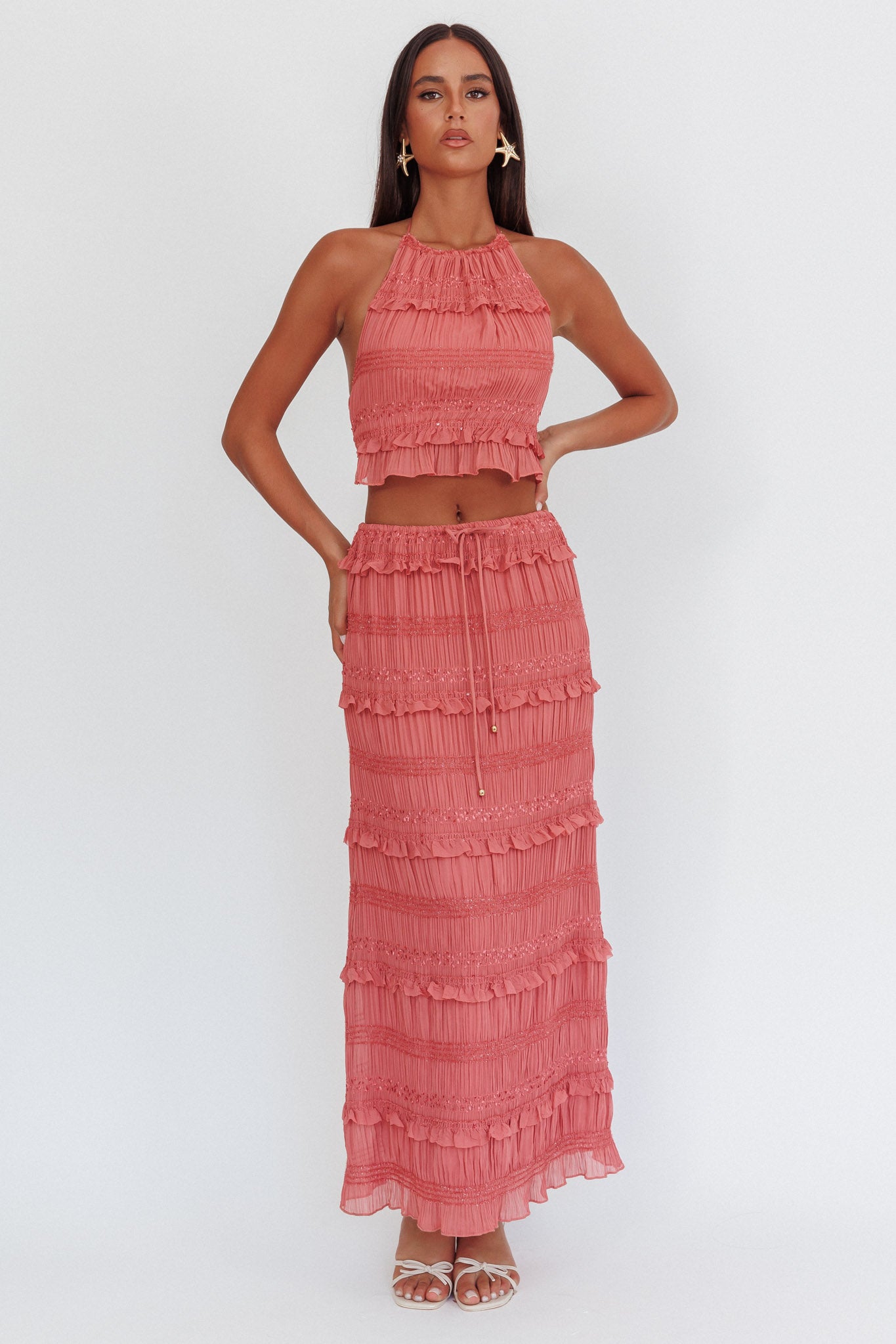 Helios Shirred Sequin Maxi Skirt Rose-Maymioy