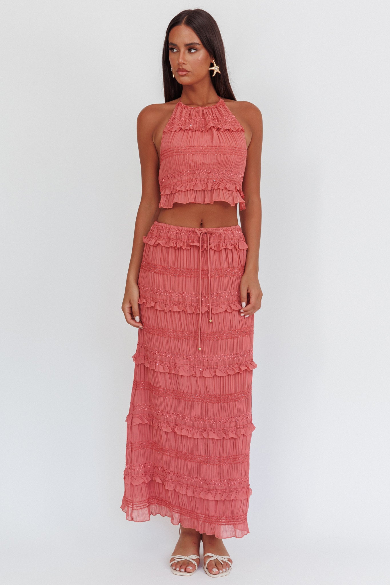 Helios Shirred Sequin Maxi Skirt Rose-Maymioy