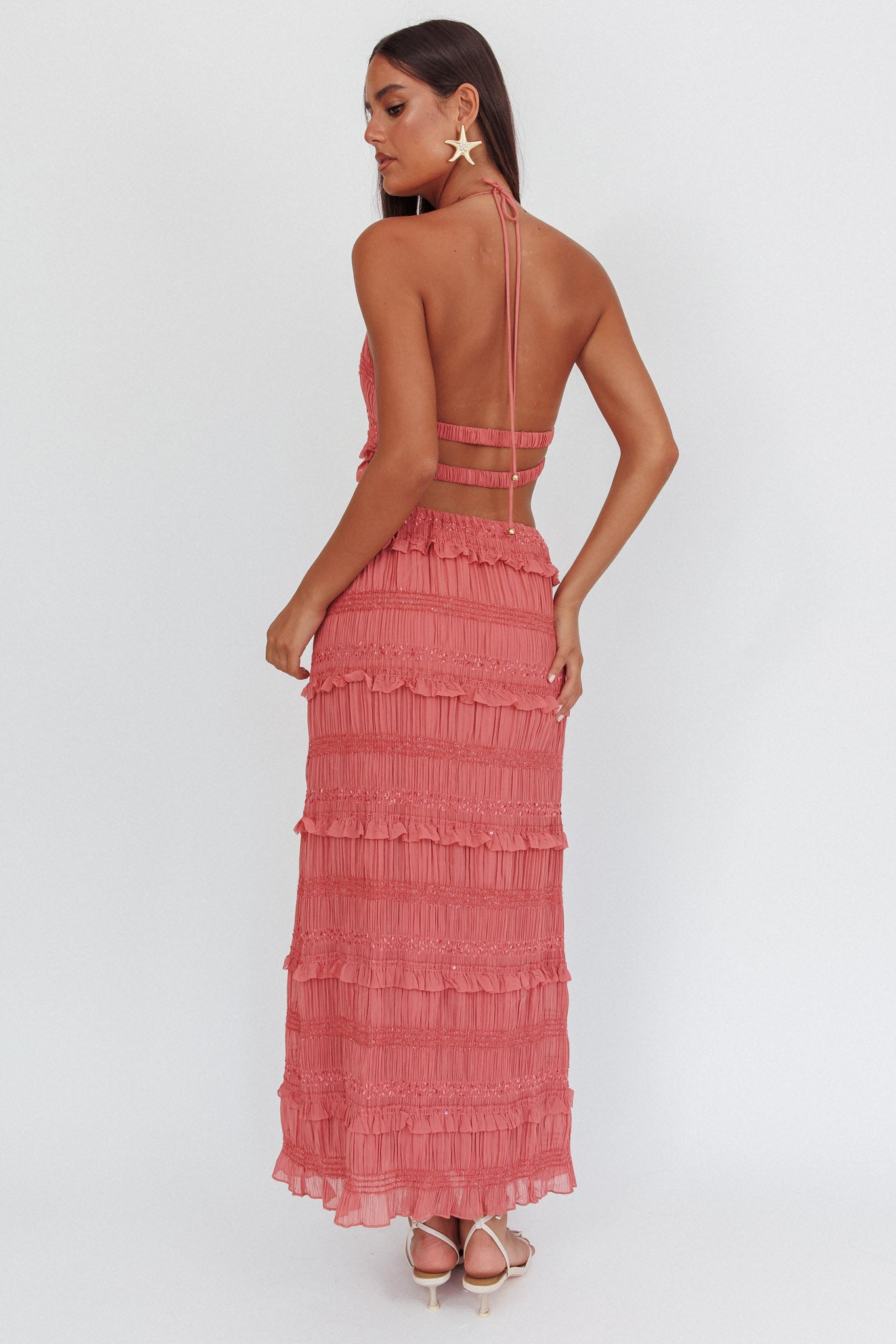 Helios Shirred Sequin Maxi Skirt Rose-Maymioy
