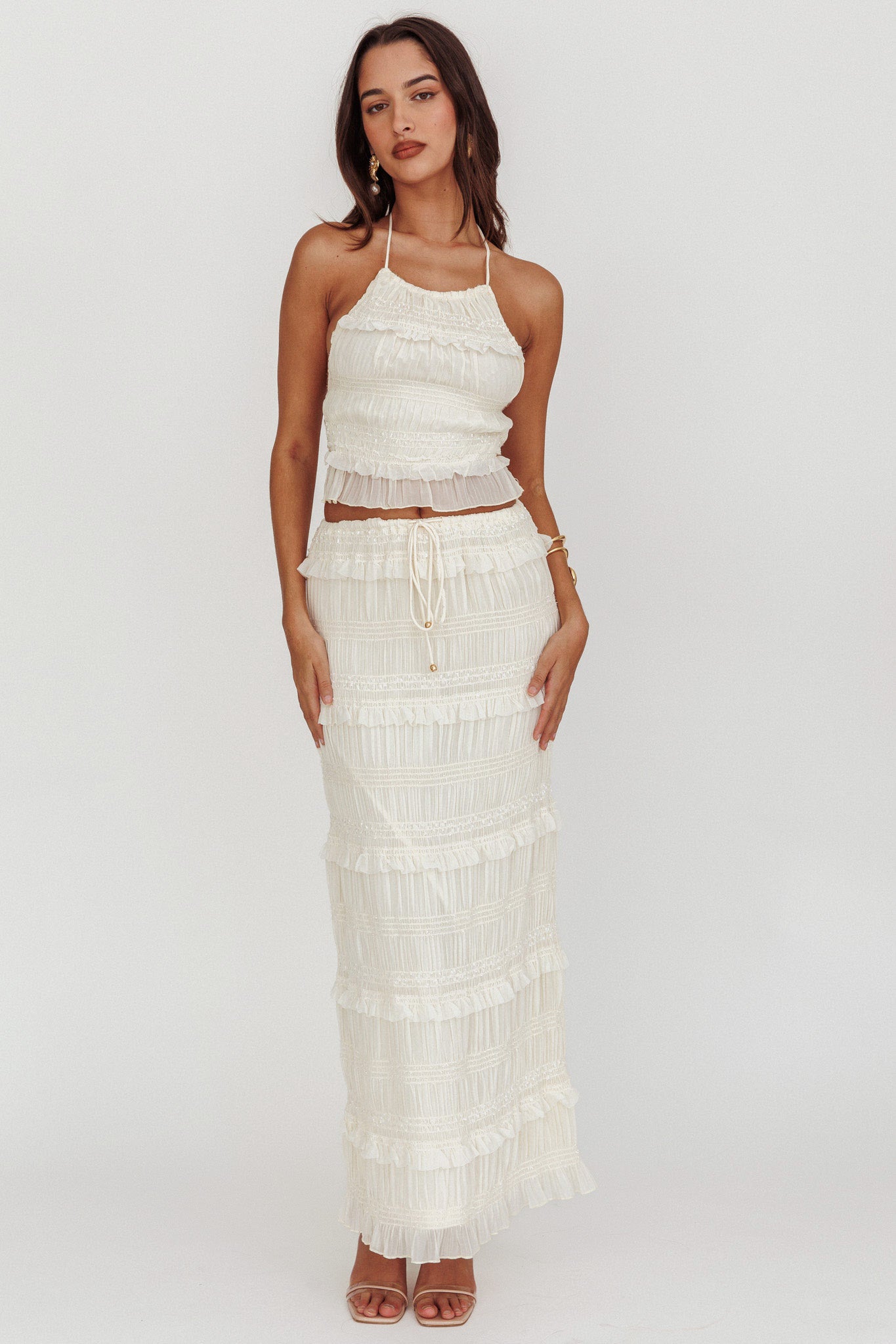 Helios Halterneck Shirred Sequin Top Beige-Maymioy