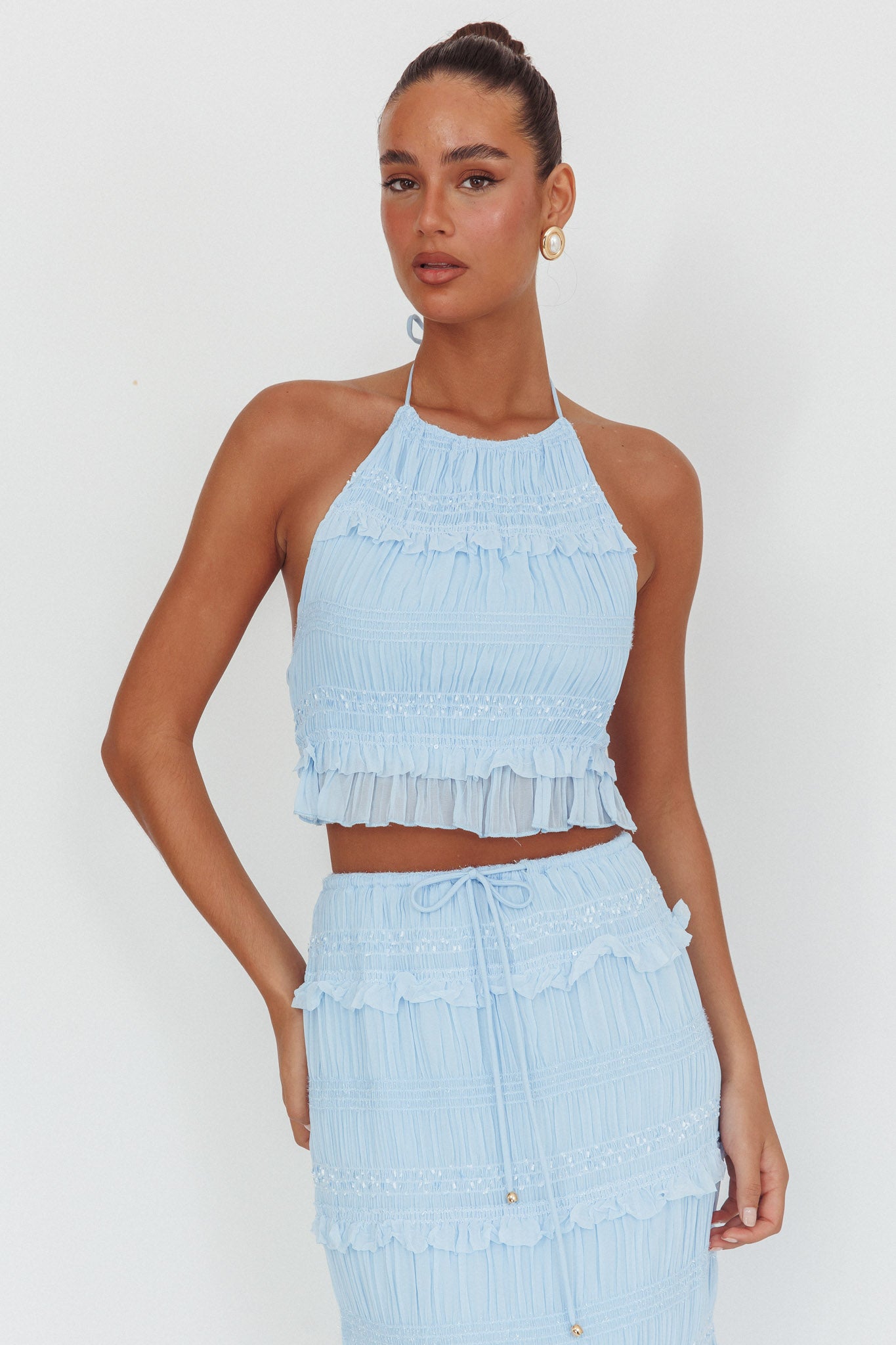 Helios Halterneck Shirred Sequin Top Blue-Maymioy