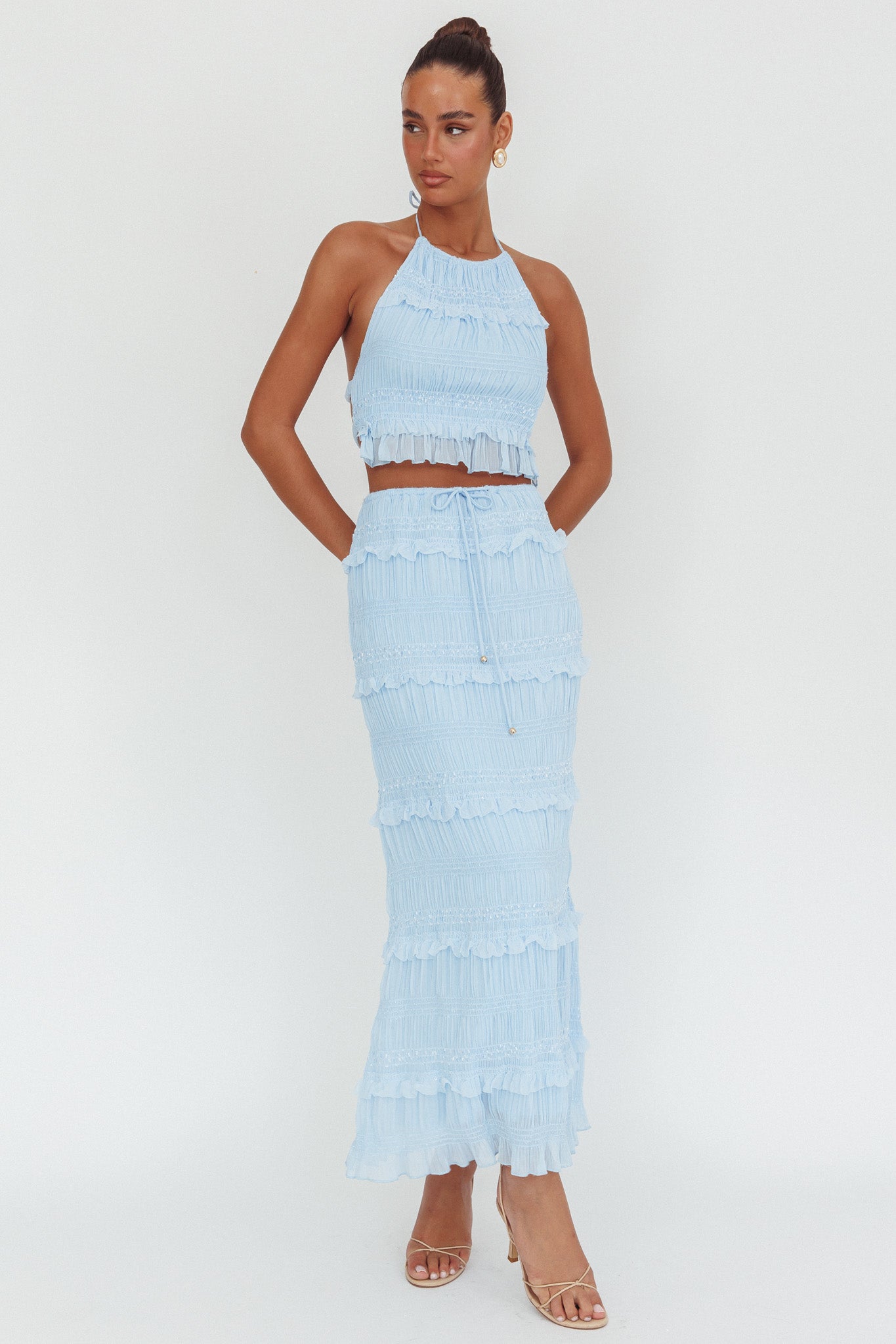 Helios Halterneck Shirred Sequin Top Blue-Maymioy