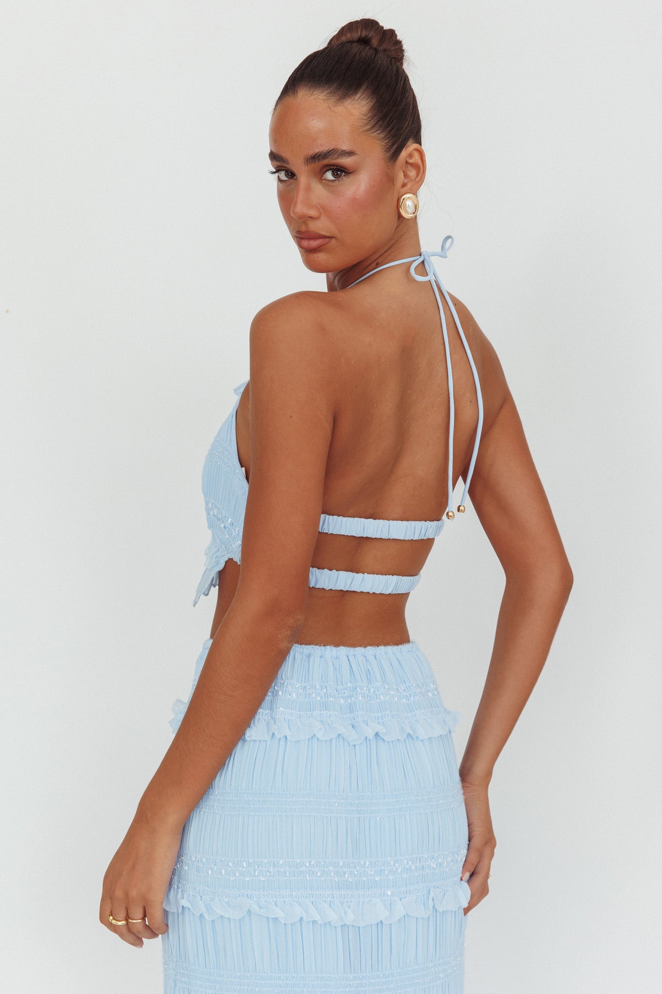 Helios Halterneck Shirred Sequin Top Blue-Maymioy