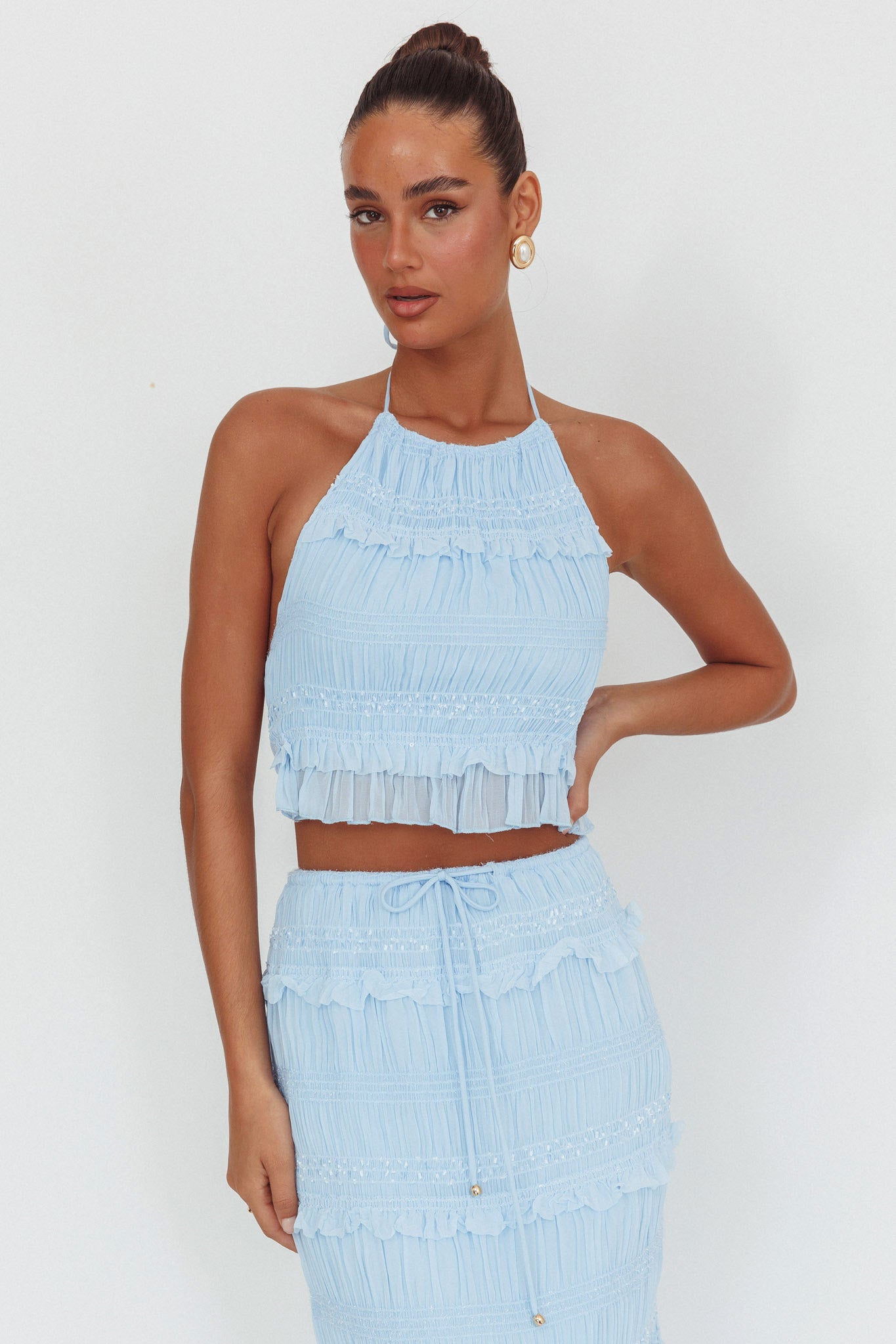 Helios Halterneck Shirred Sequin Top Blue-Maymioy