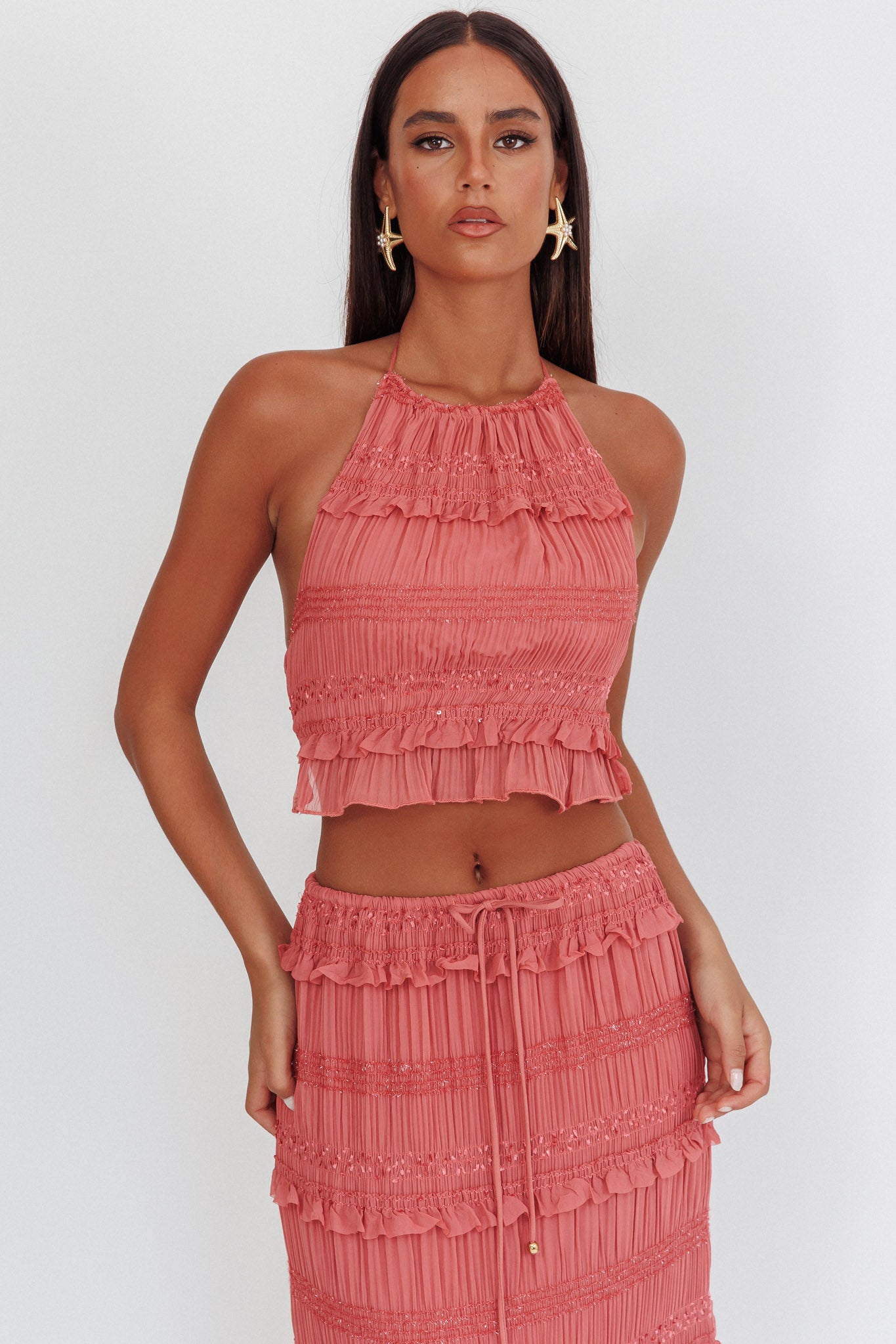 Helios Halterneck Shirred Sequin Top Rose-Maymioy