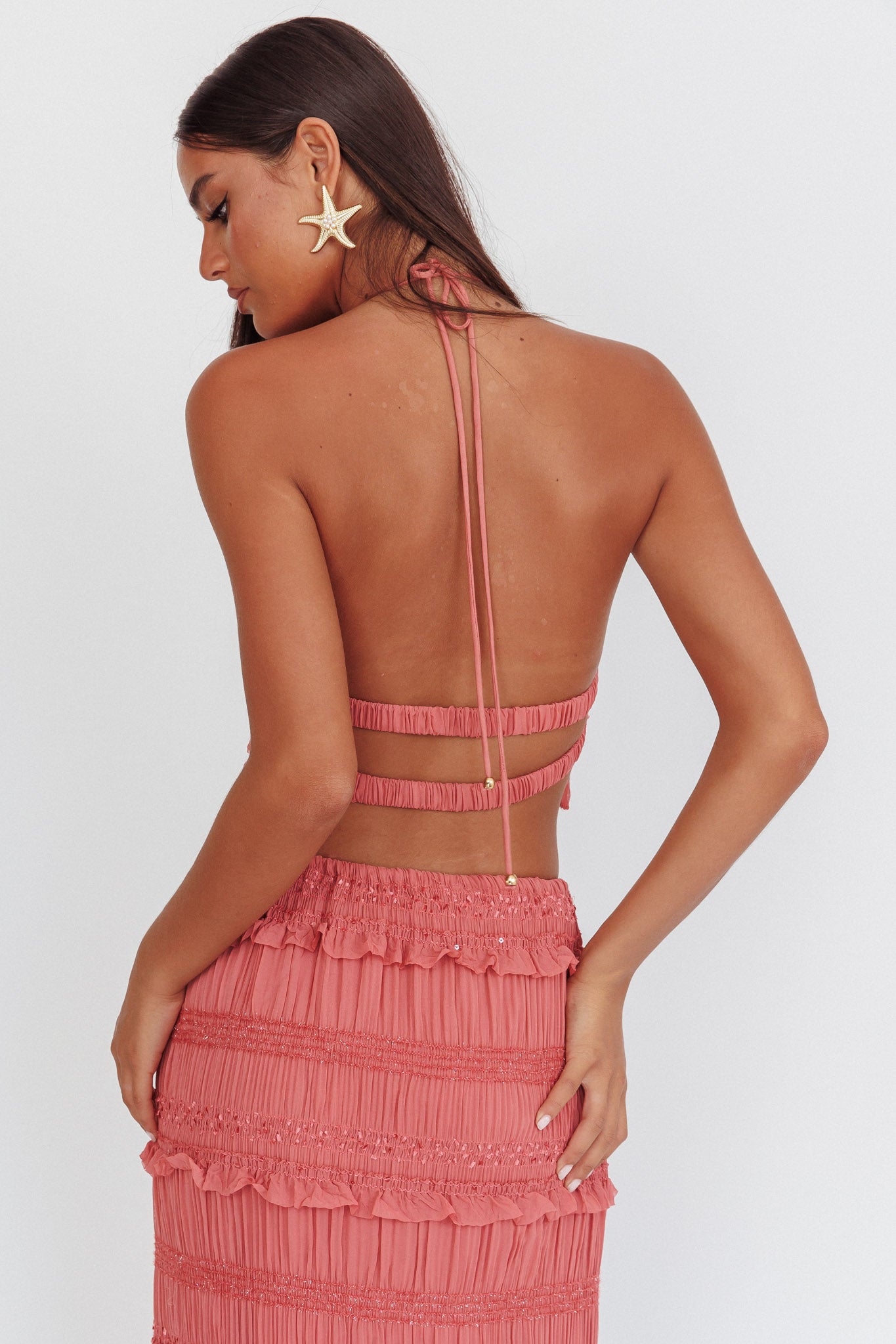 Helios Halterneck Shirred Sequin Top Rose-Maymioy