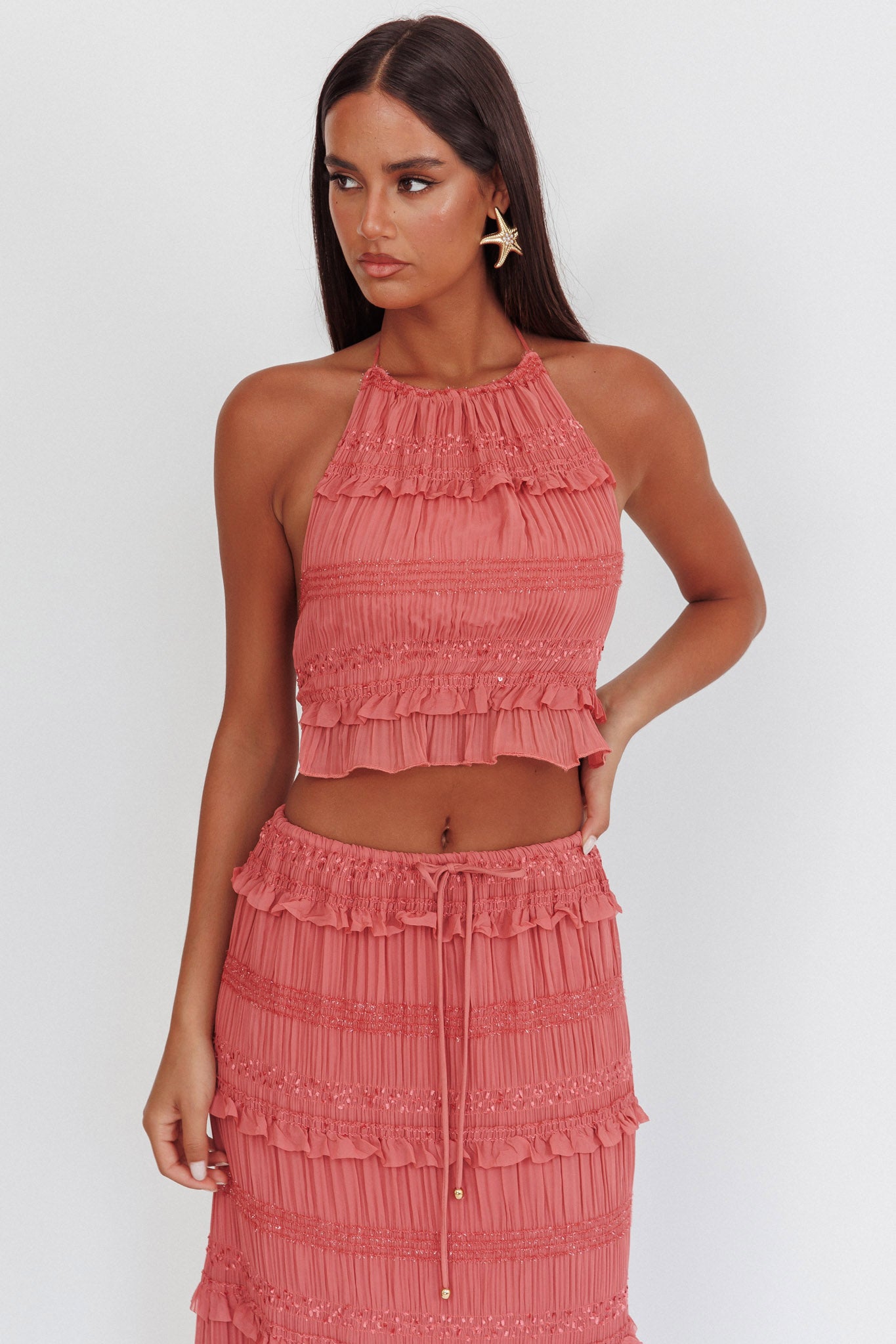 Helios Halterneck Shirred Sequin Top Rose-Maymioy