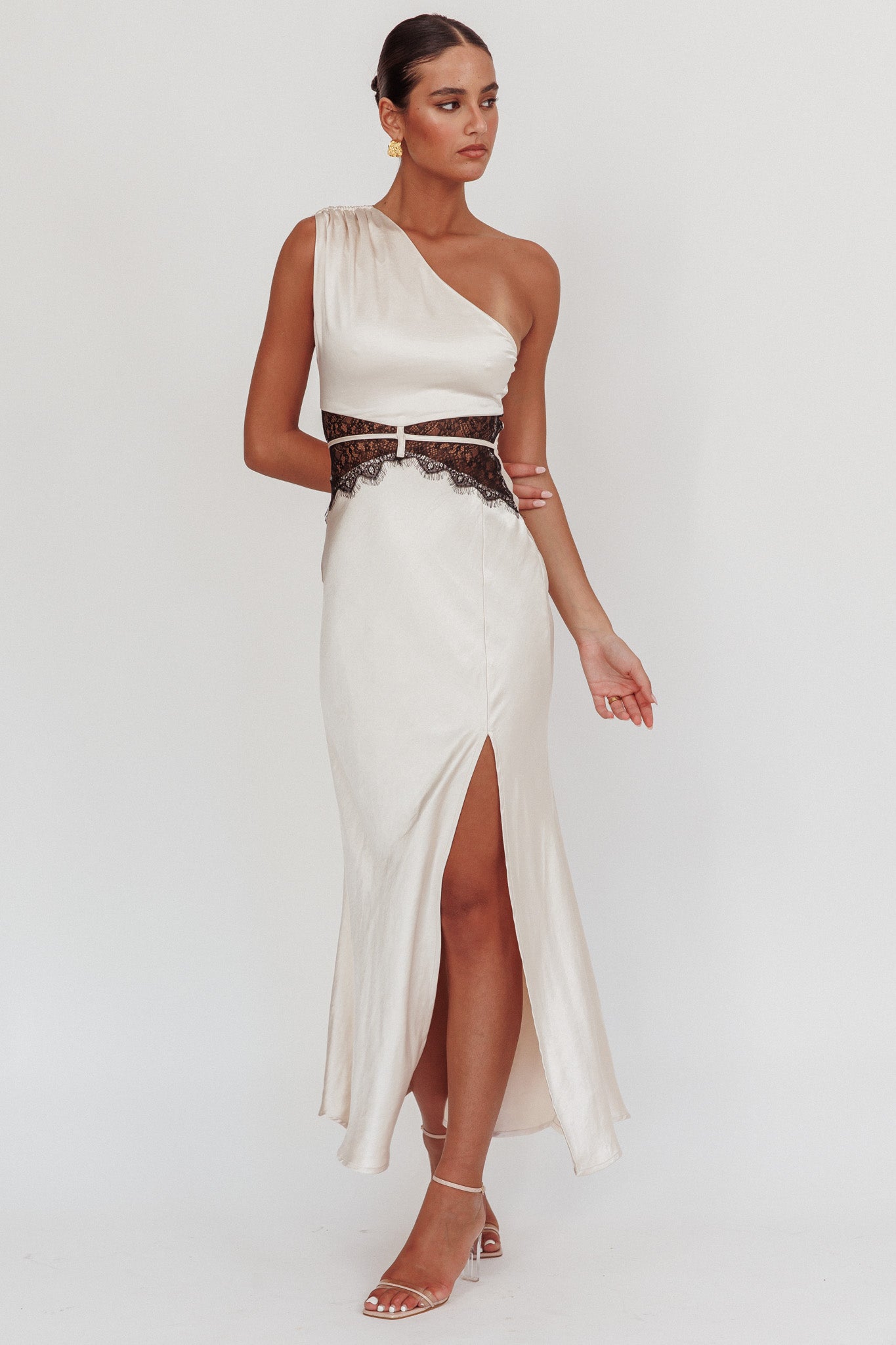 Tarly Lace Waist One-Shoulder Maxi Dress Champagne-Maymioy