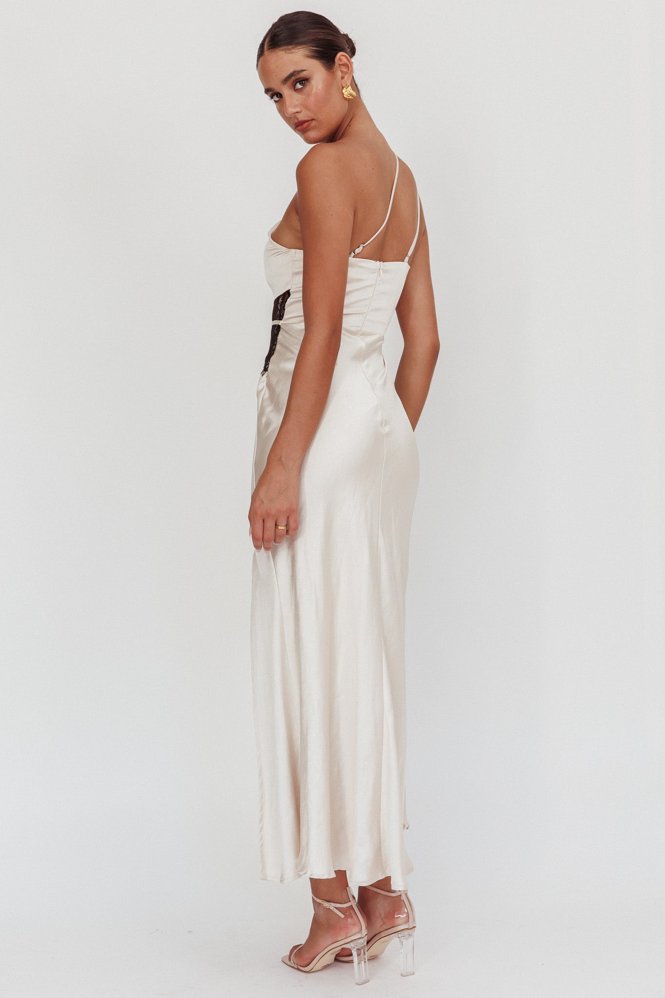 Tarly Lace Waist One-Shoulder Maxi Dress Champagne-Maymioy