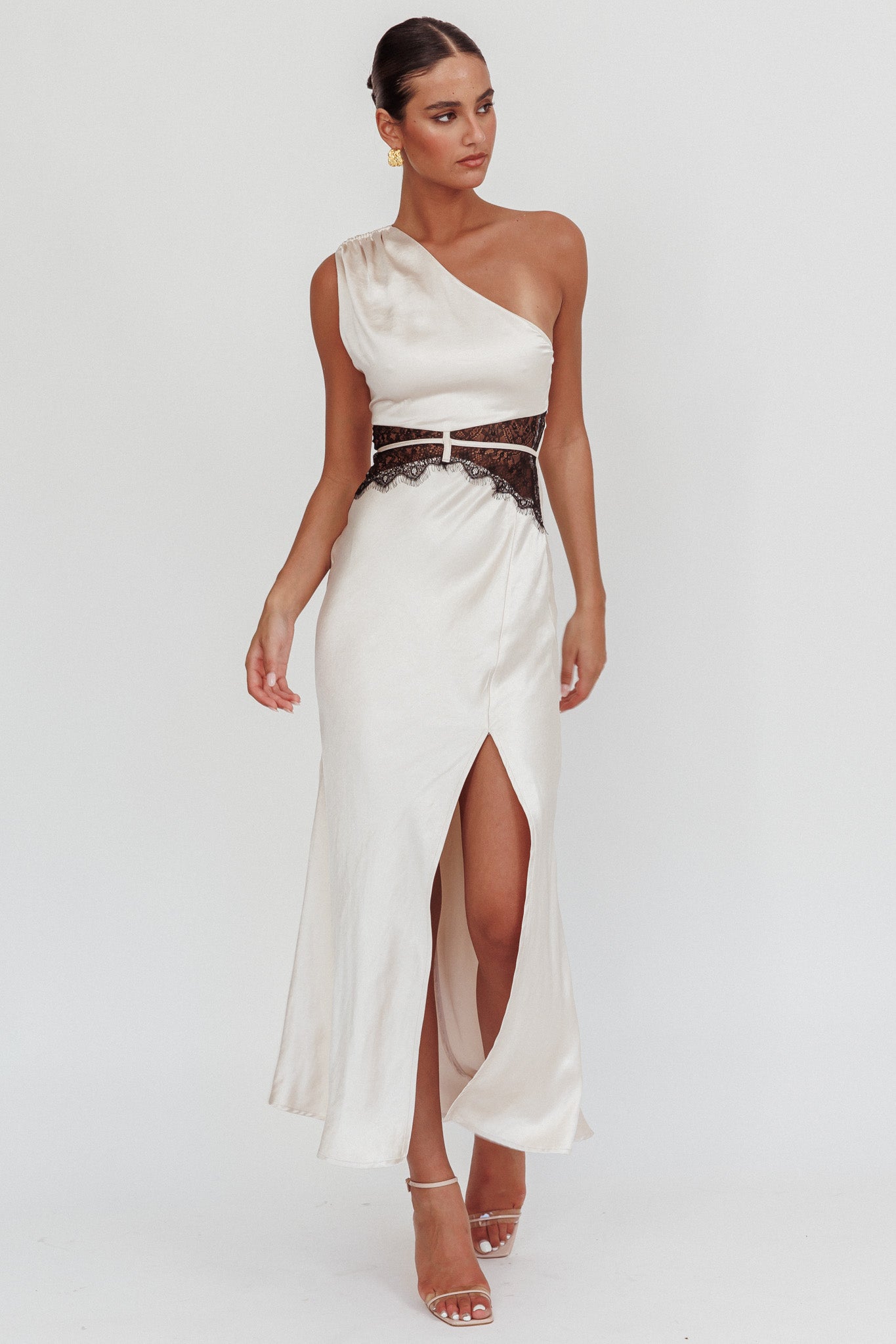 Tarly Lace Waist One-Shoulder Maxi Dress Champagne-Maymioy