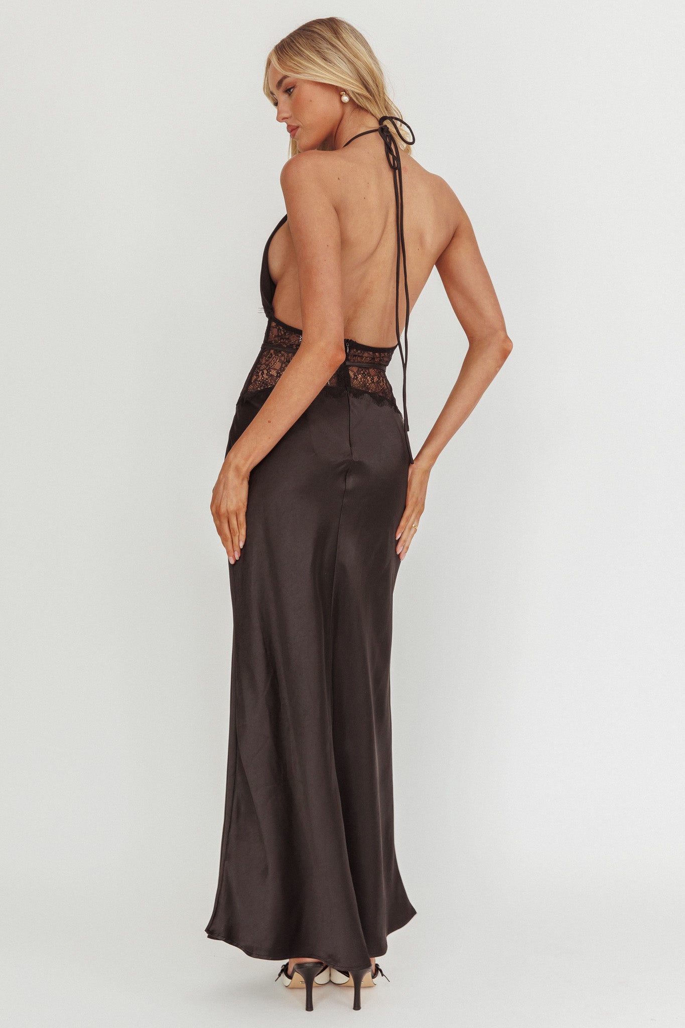 Tarly Lace Waist Halter Maxi Dress Black-Maymioy