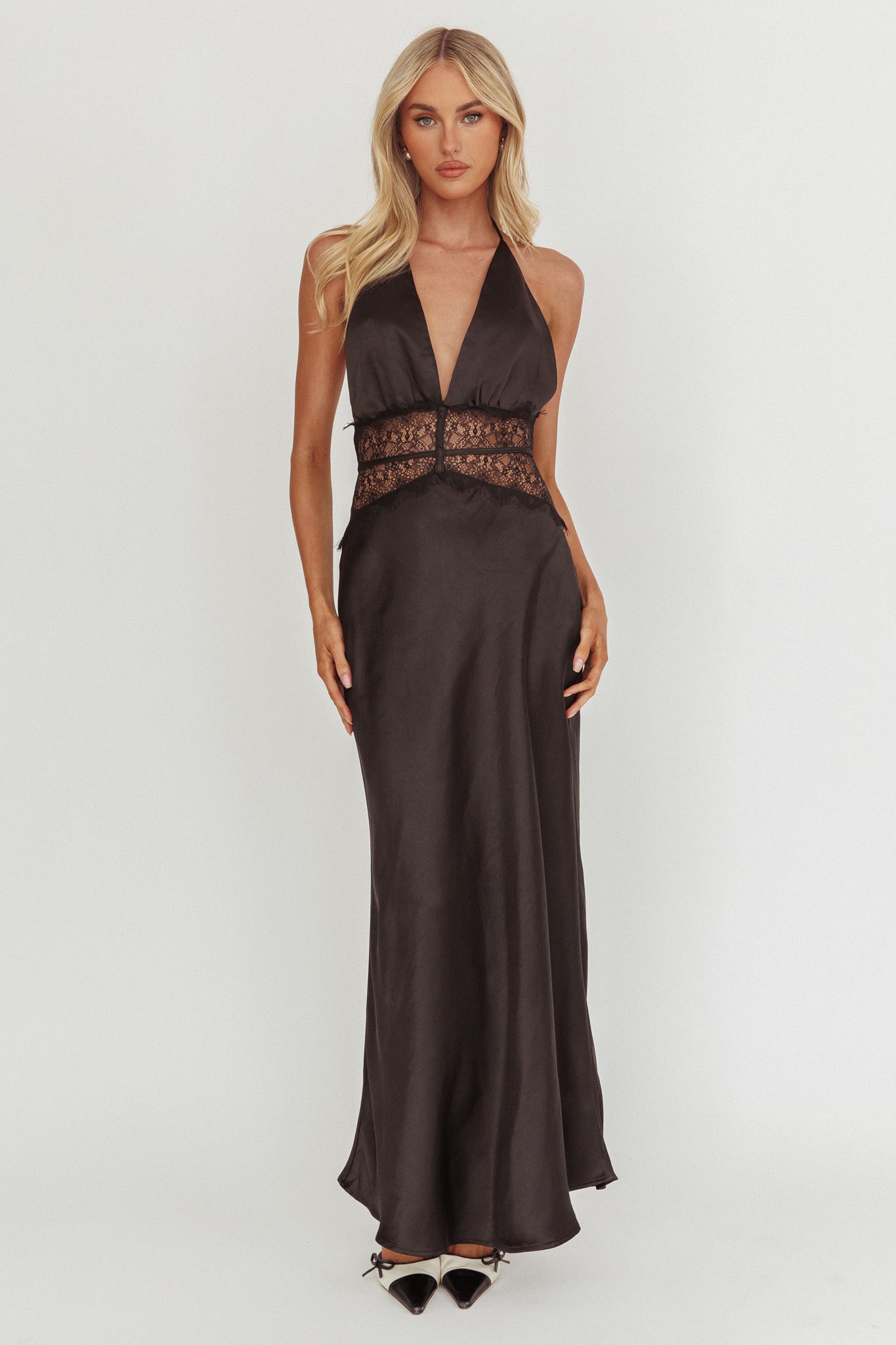 Tarly Lace Waist Halter Maxi Dress Black-Maymioy