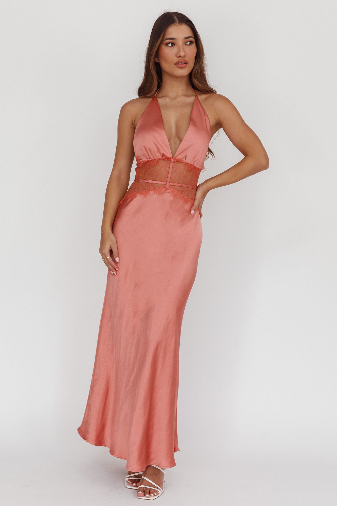 Tarly Lace Waist Halter Maxi Dress Rose-Maymioy