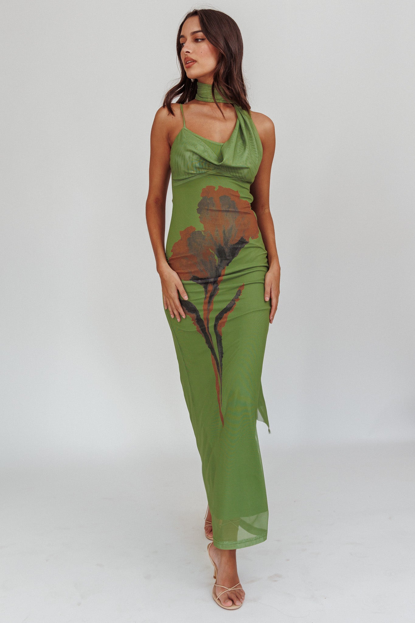 No Surprises Scarfed Floral Maxi Dress Green-Maymioy