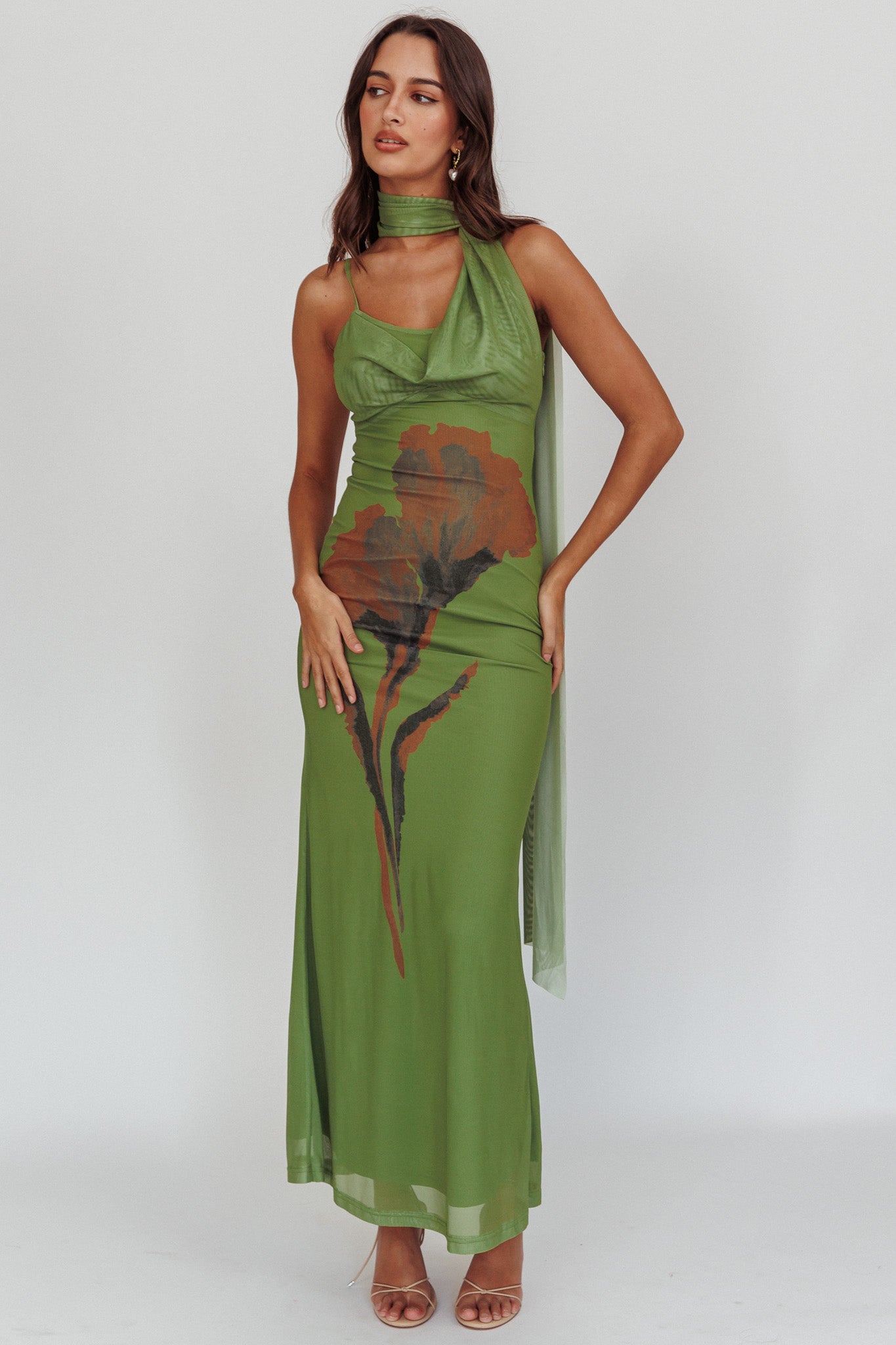 No Surprises Scarfed Floral Maxi Dress Green-Maymioy