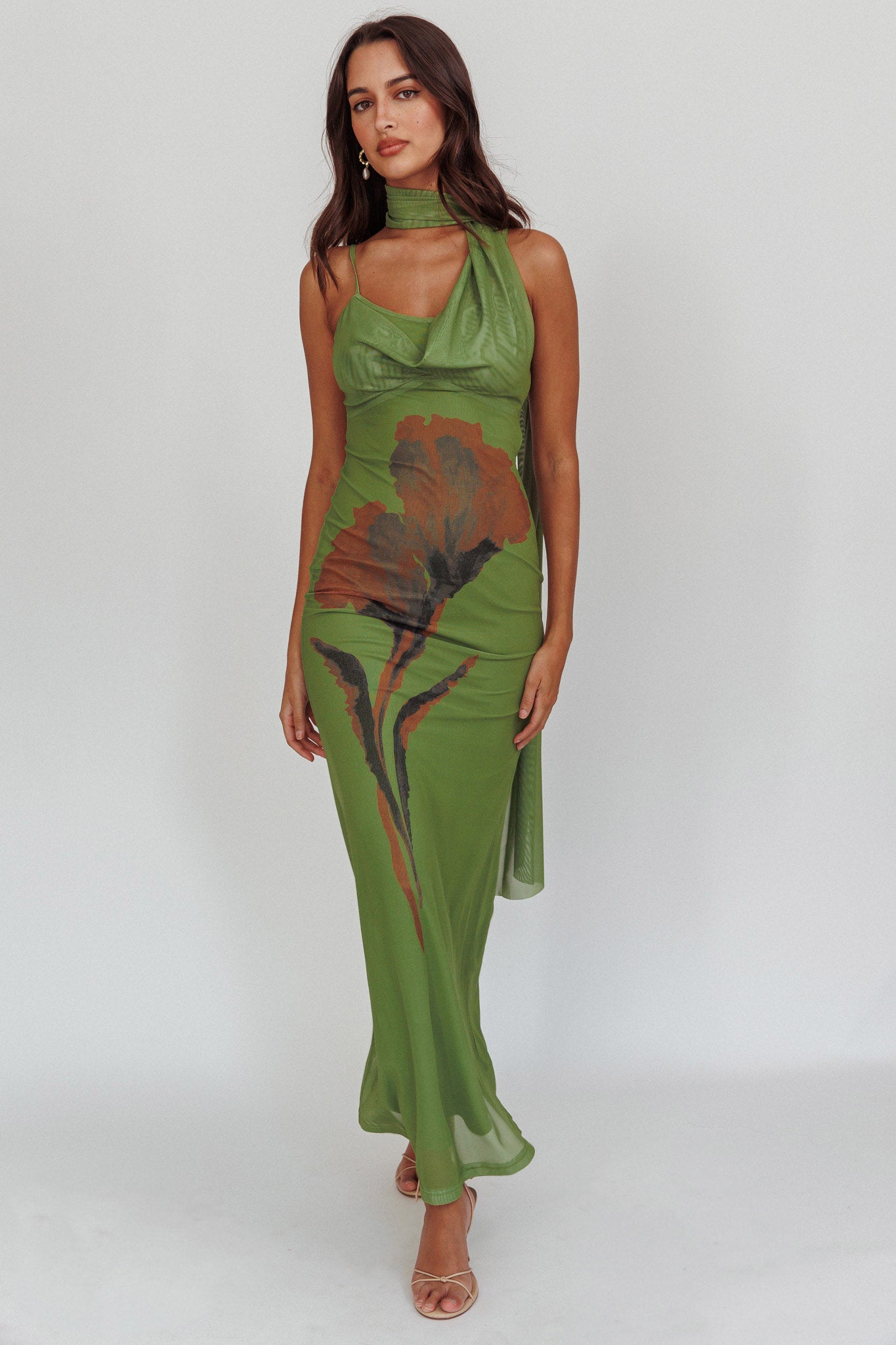 No Surprises Scarfed Floral Maxi Dress Green-Maymioy