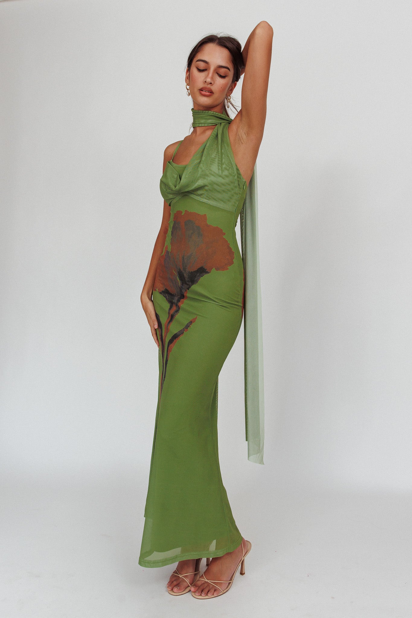 No Surprises Scarfed Floral Maxi Dress Green-Maymioy