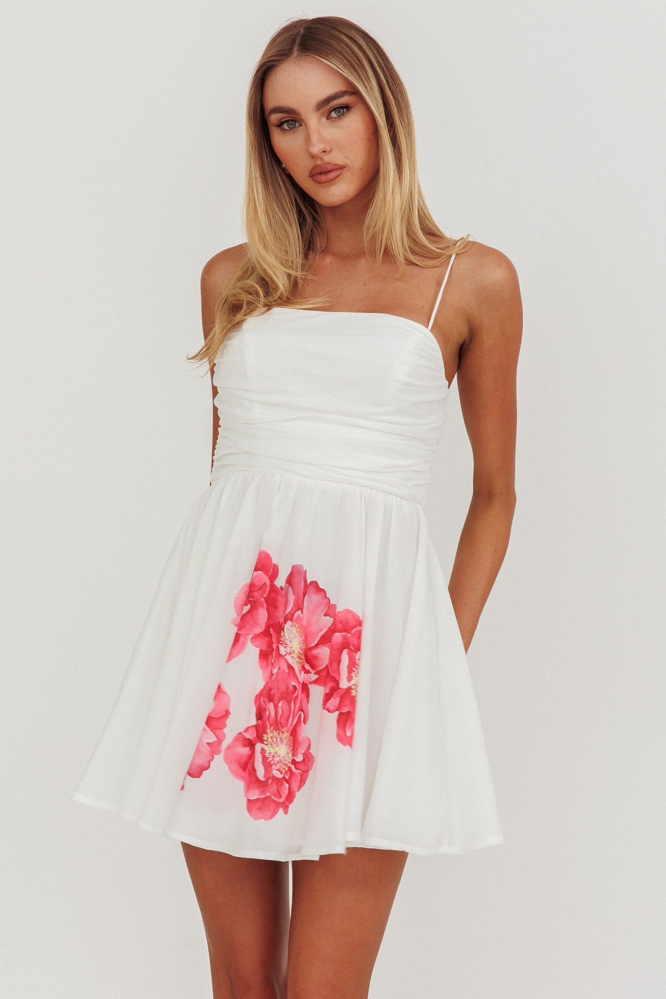 Festivity Flared Bow Floral Mini Dress White-Maymioy