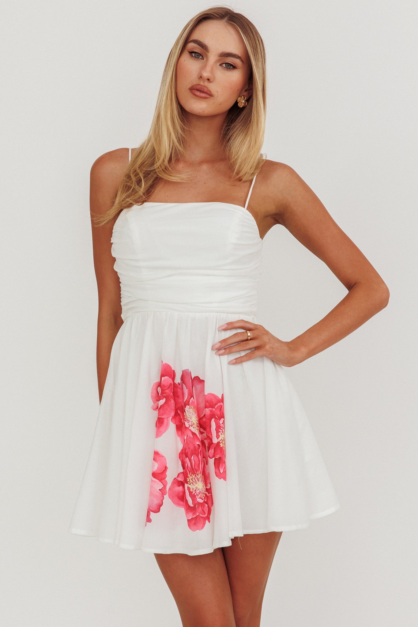 Festivity Flared Bow Floral Mini Dress White-Maymioy