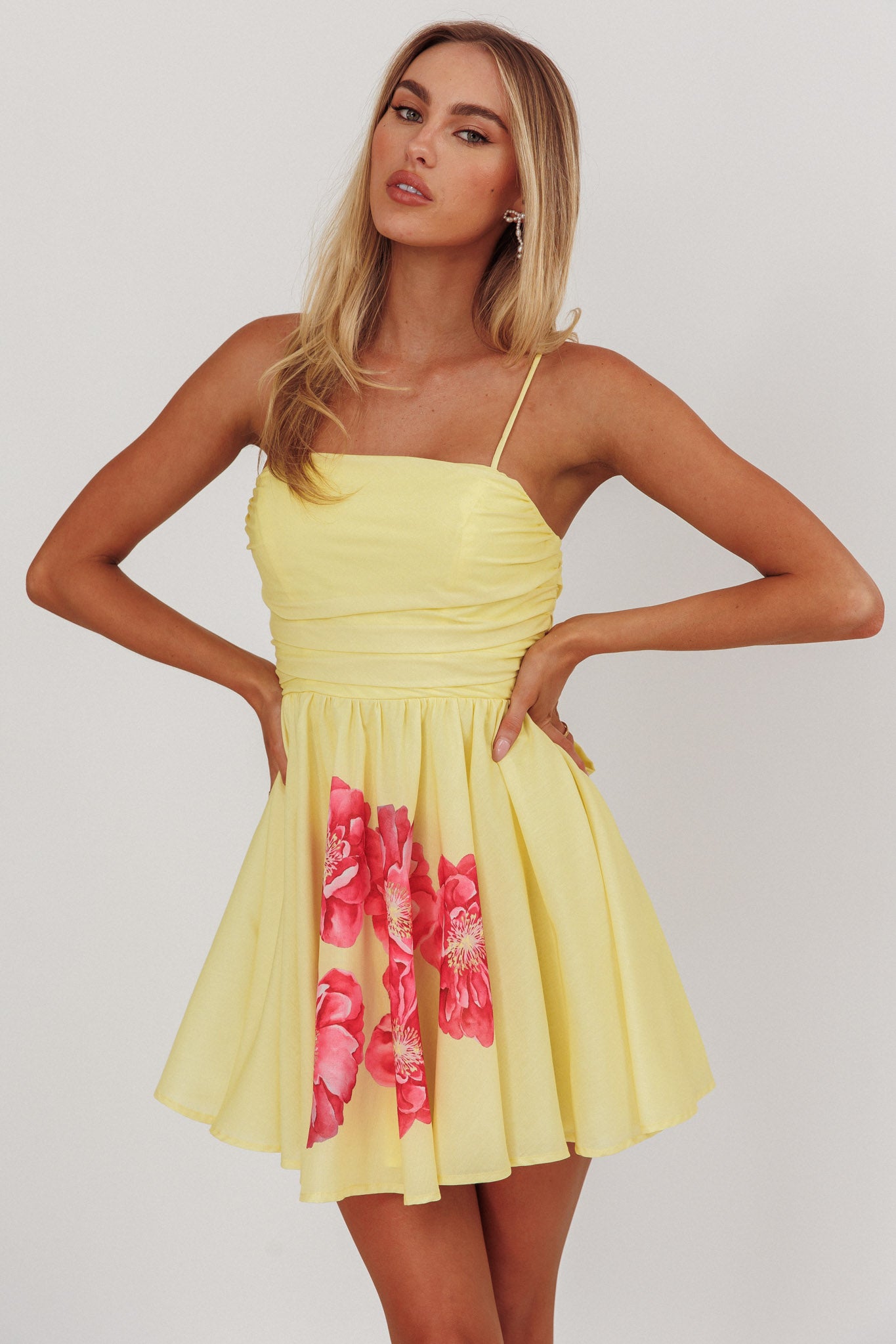 Festivity Flared Bow Floral Mini Dress Yellow-Maymioy