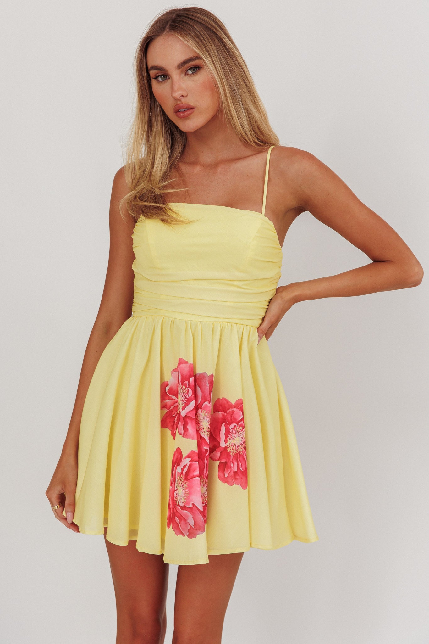 Festivity Flared Bow Floral Mini Dress Yellow-Maymioy