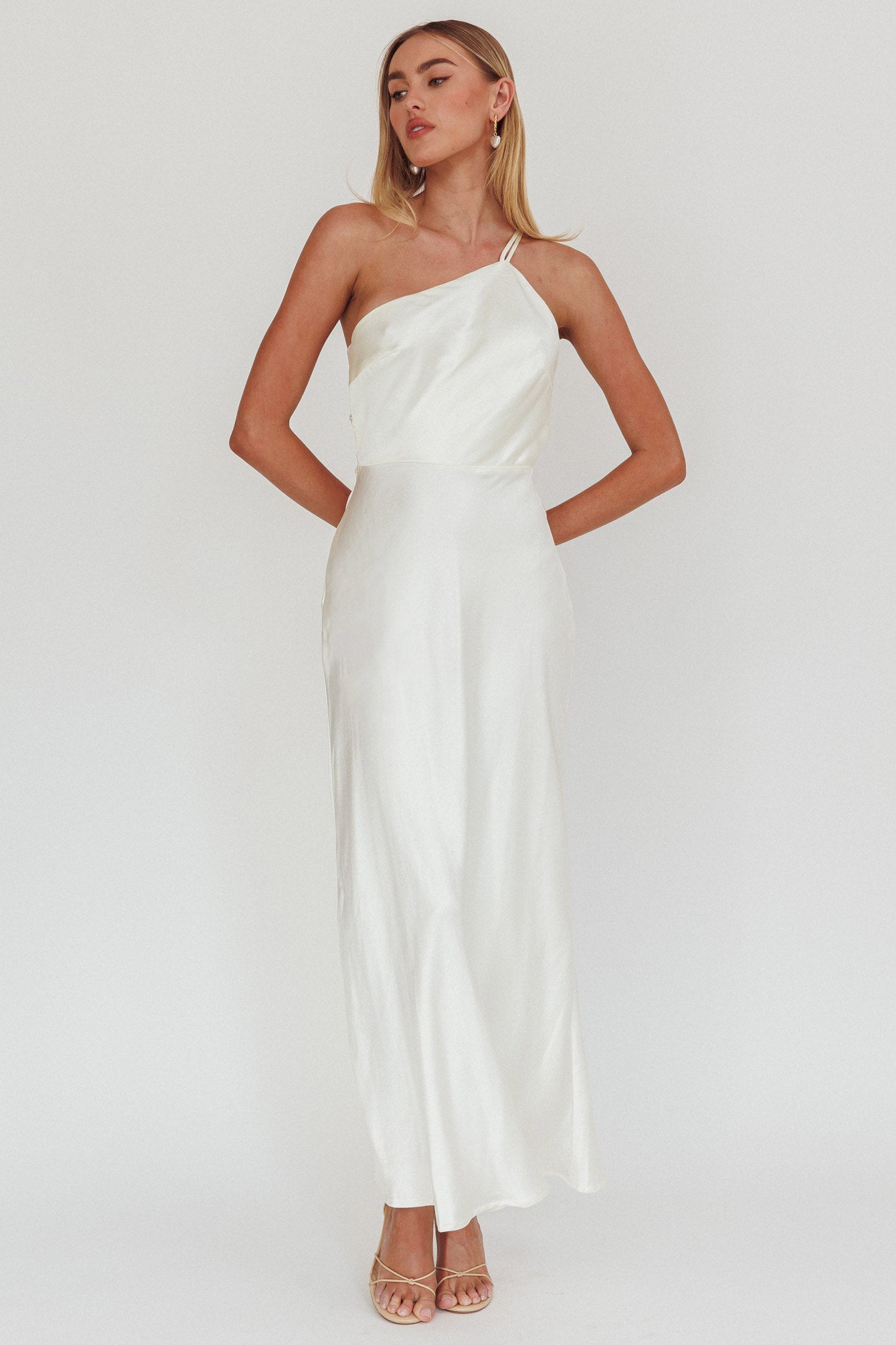 Aubrianna One-Shoulder Strappy Back Dress White-Maymioy