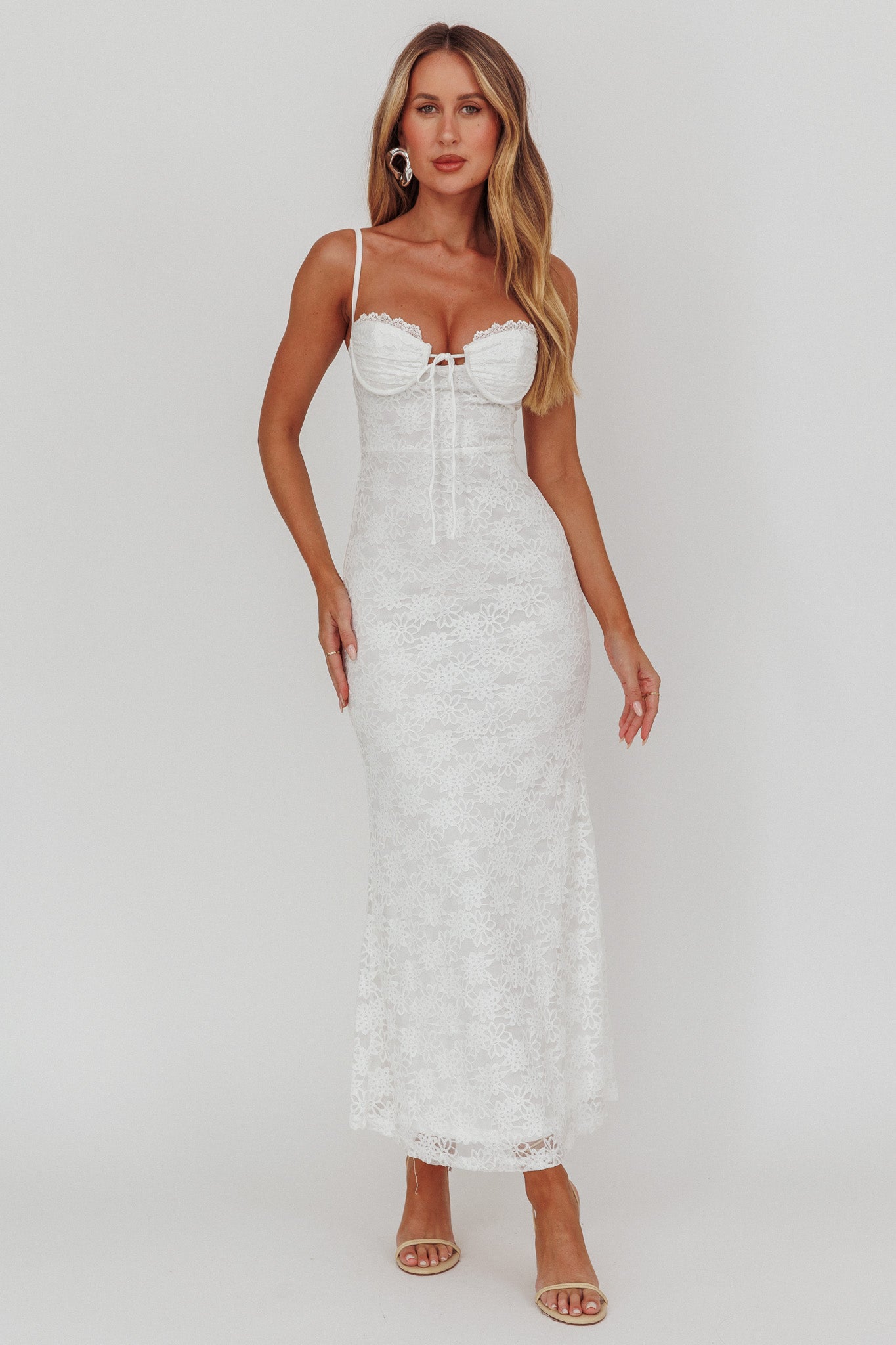 Passione Tied Bust Lace Maxi Dress White-Maymioy