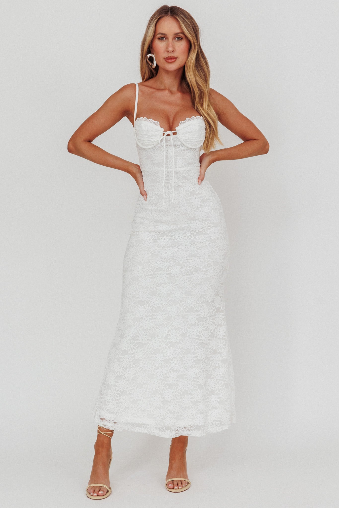 Passione Tied Bust Lace Maxi Dress White-Maymioy