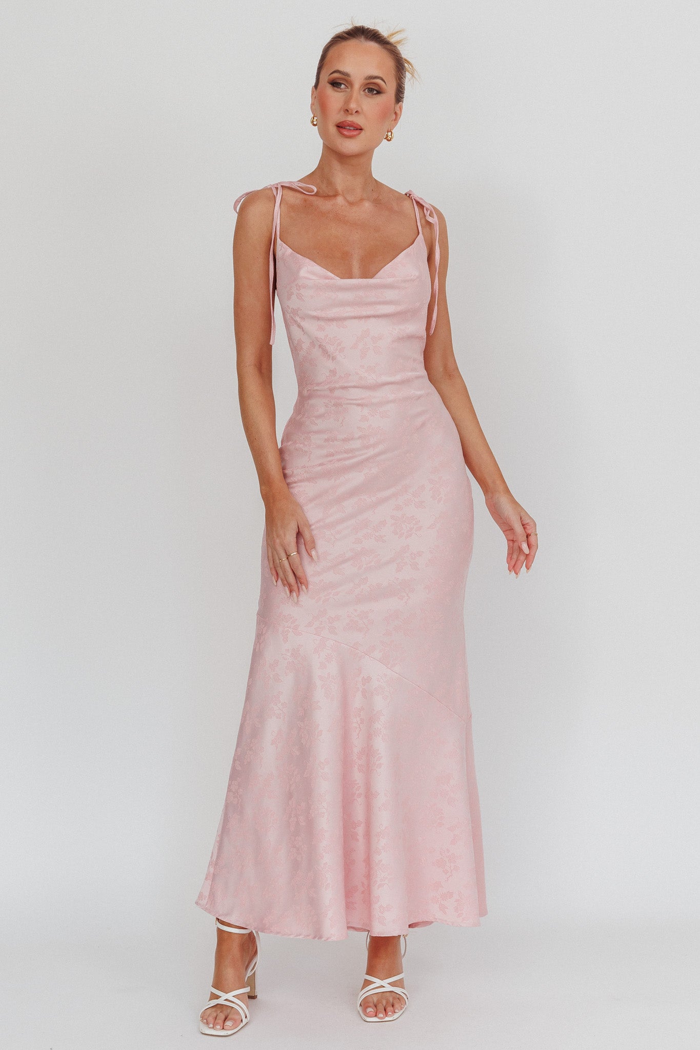 Belonging Cowl Neck Tied Shoulders Maxi Dress Blush-Maymioy