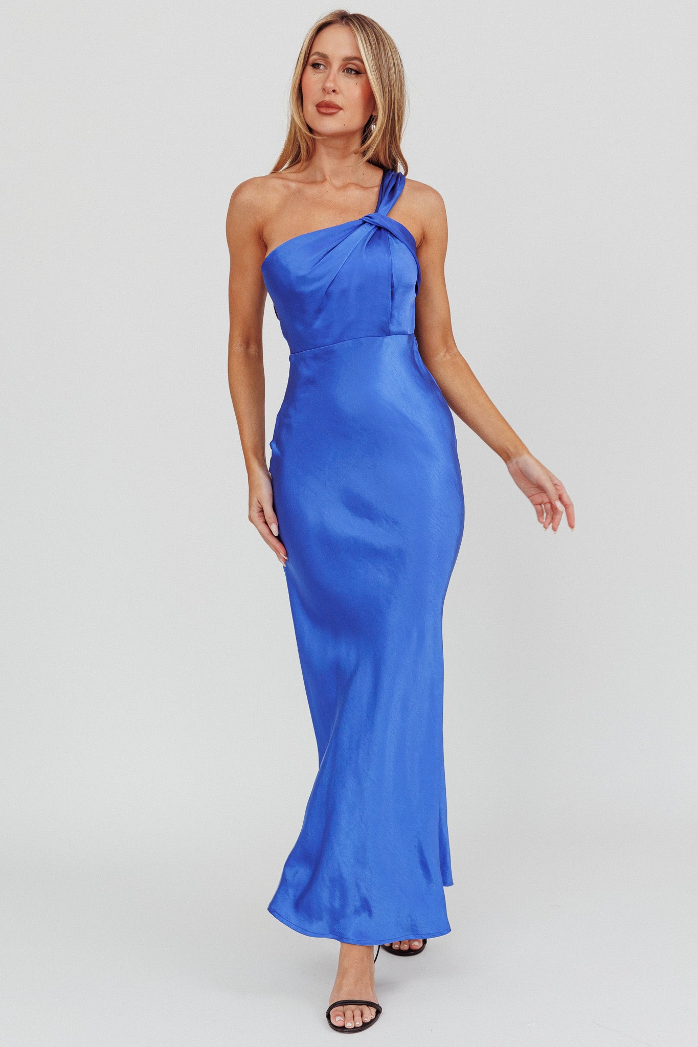 Fly Love Satin One Shoulder Maxi Dress Navy-Maymioy