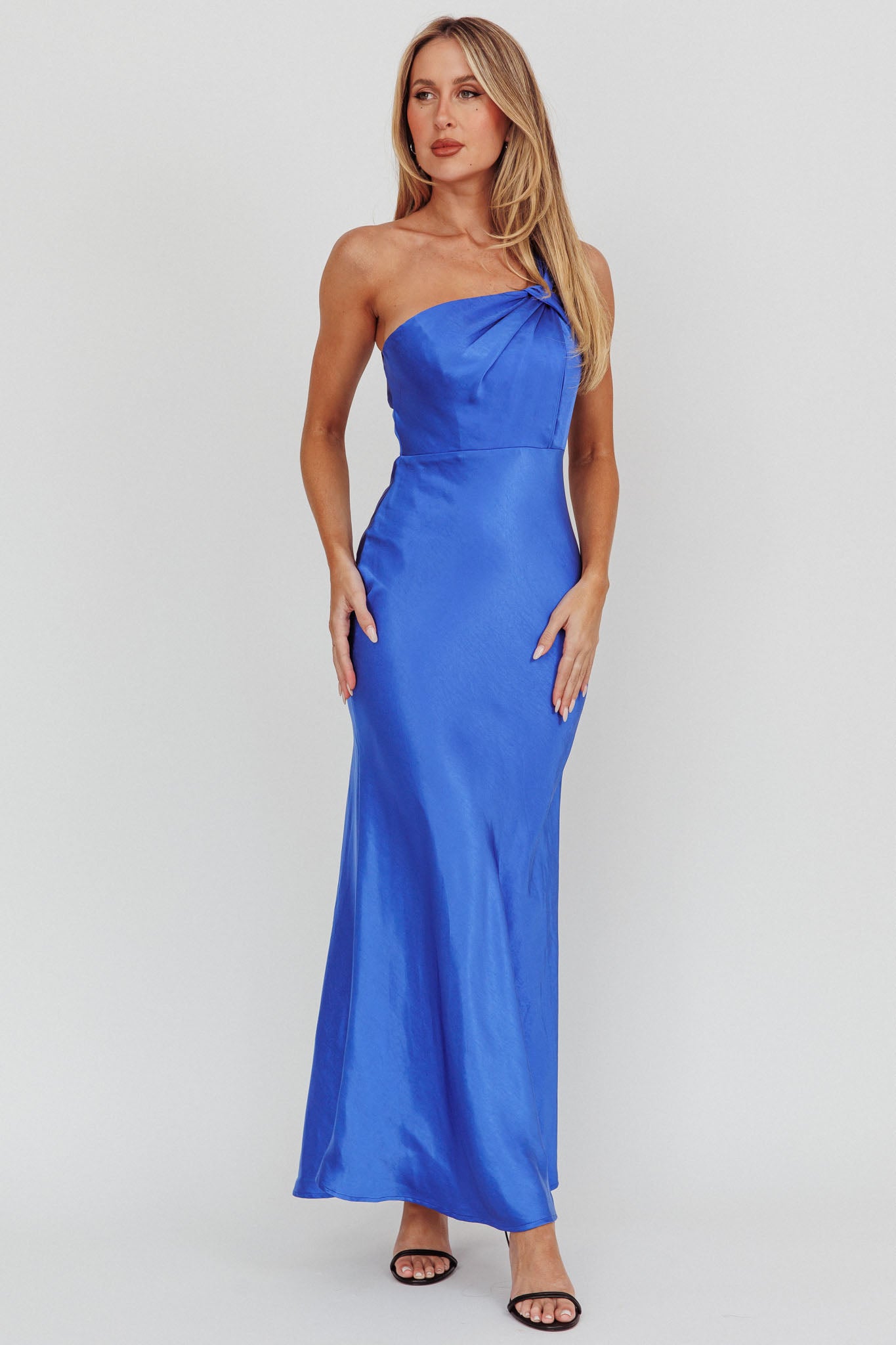 Fly Love Satin One Shoulder Maxi Dress Navy-Maymioy