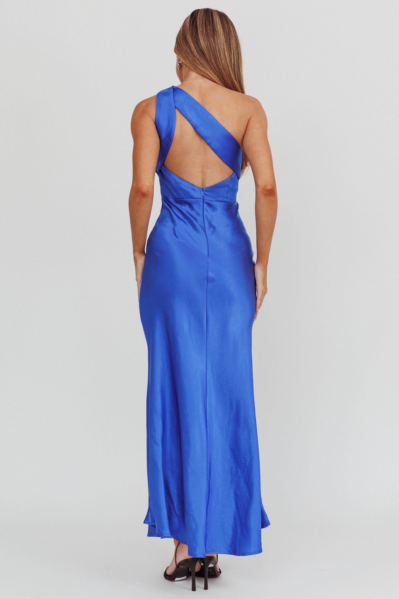 Fly Love Satin One Shoulder Maxi Dress Navy-Maymioy