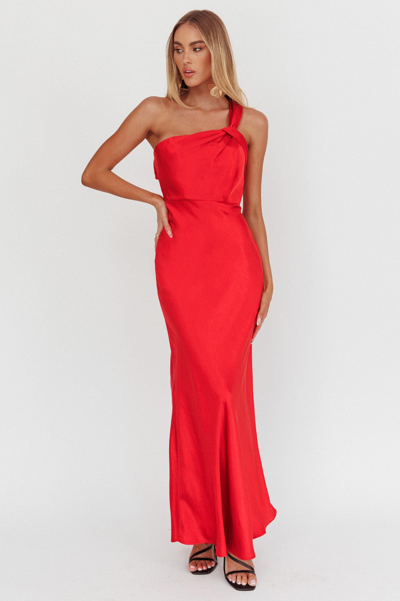 Fly Love Satin One Shoulder Maxi Dress Red-Maymioy