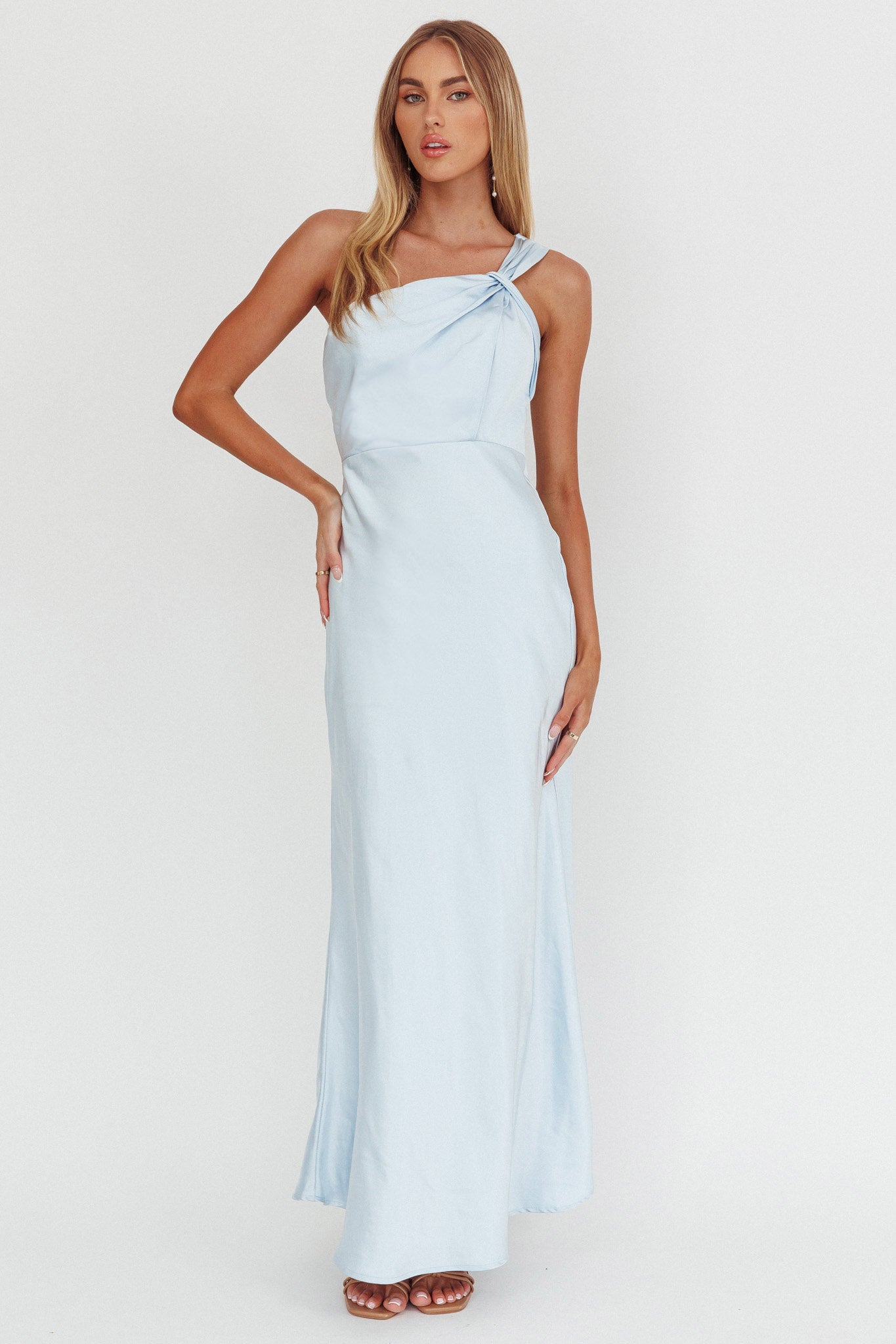 Fly Love Satin One Shoulder Maxi Dress Sky Blue-Maymioy