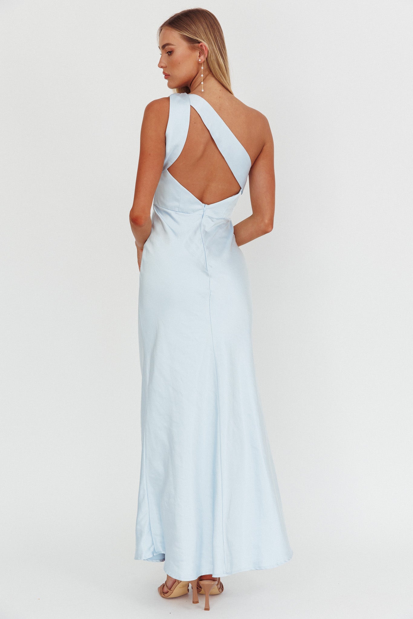 Fly Love Satin One Shoulder Maxi Dress Sky Blue-Maymioy